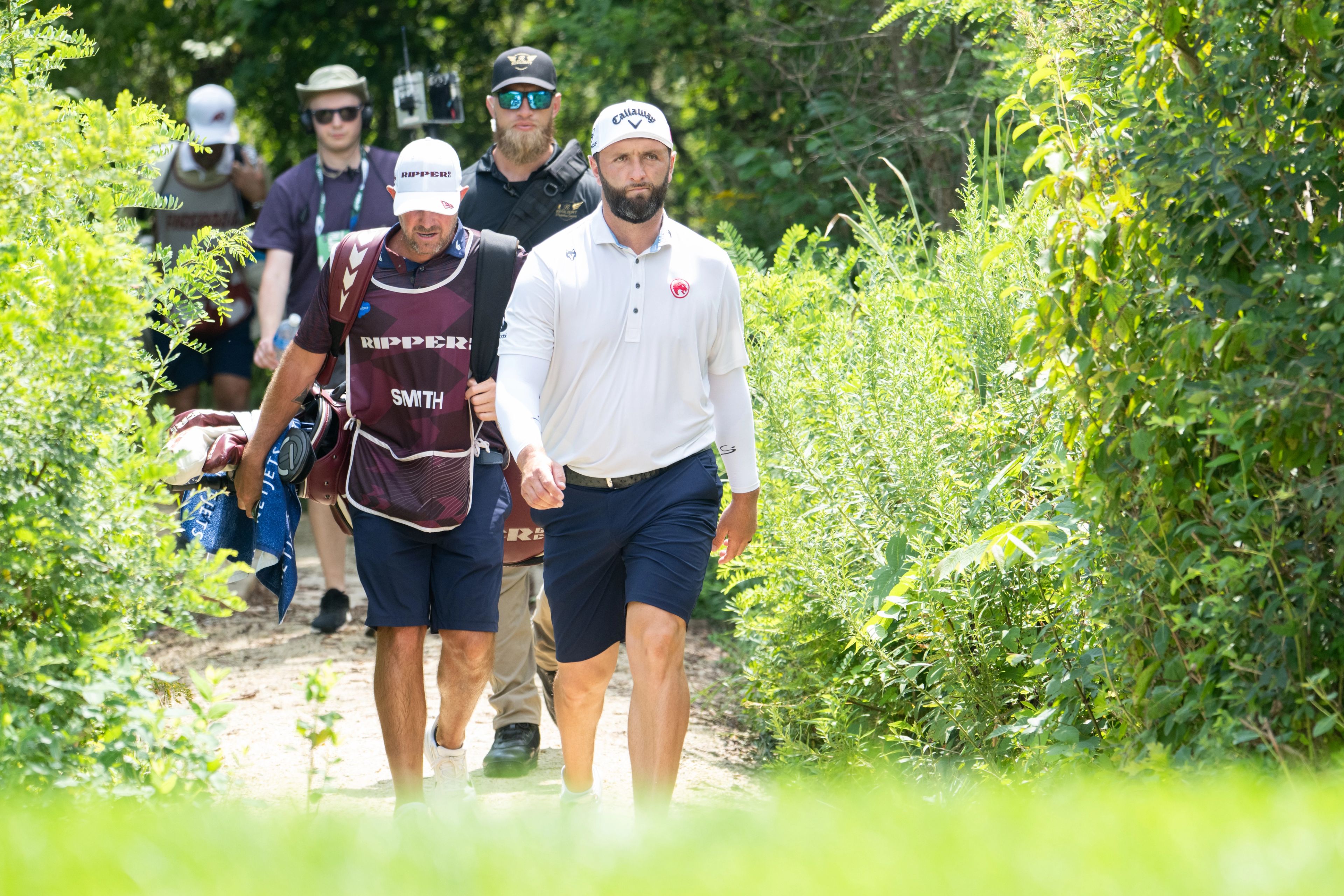 Jon Rahm is seen walking in Round 1 of LIV Golf New York in 2026.
