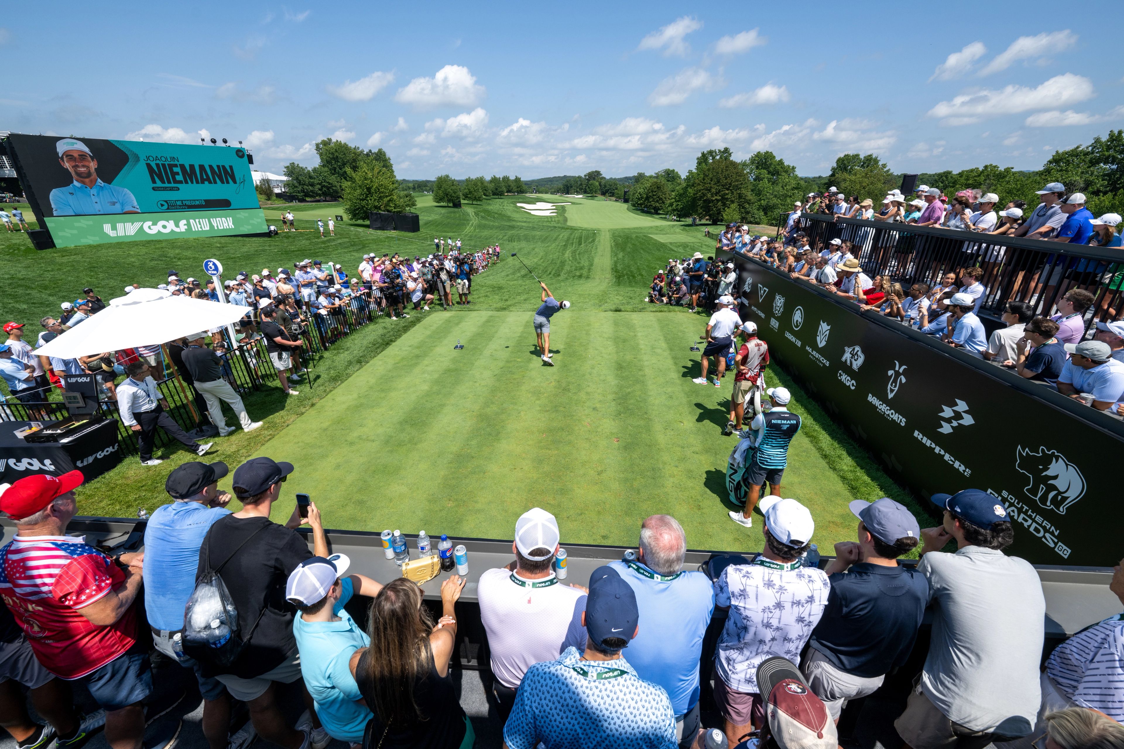 Joaquin Niemann hits his tee shot on the first hole on Saturday at LIV Golf New York.