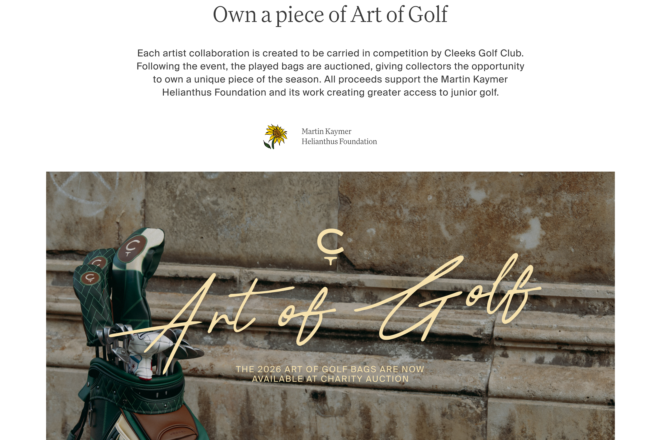 Own a piece of Art of Golf. Cleeks Golf Club charity auction supporting the Martin Kaymer Helianthus Foundation.