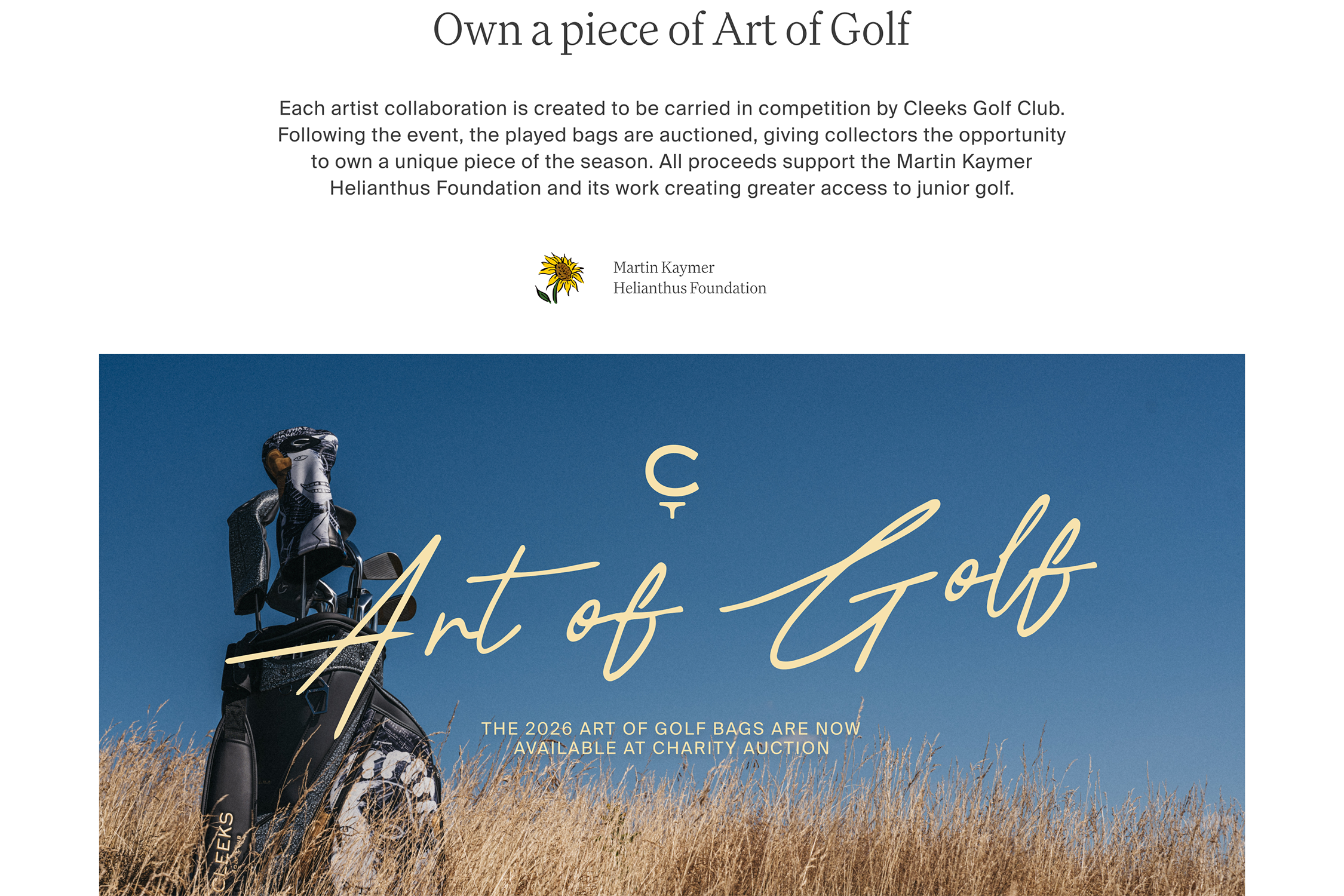 Own a piece of Art of Golf. Cleeks Golf Club charity auction supporting the Martin Kaymer Helianthus Foundation.