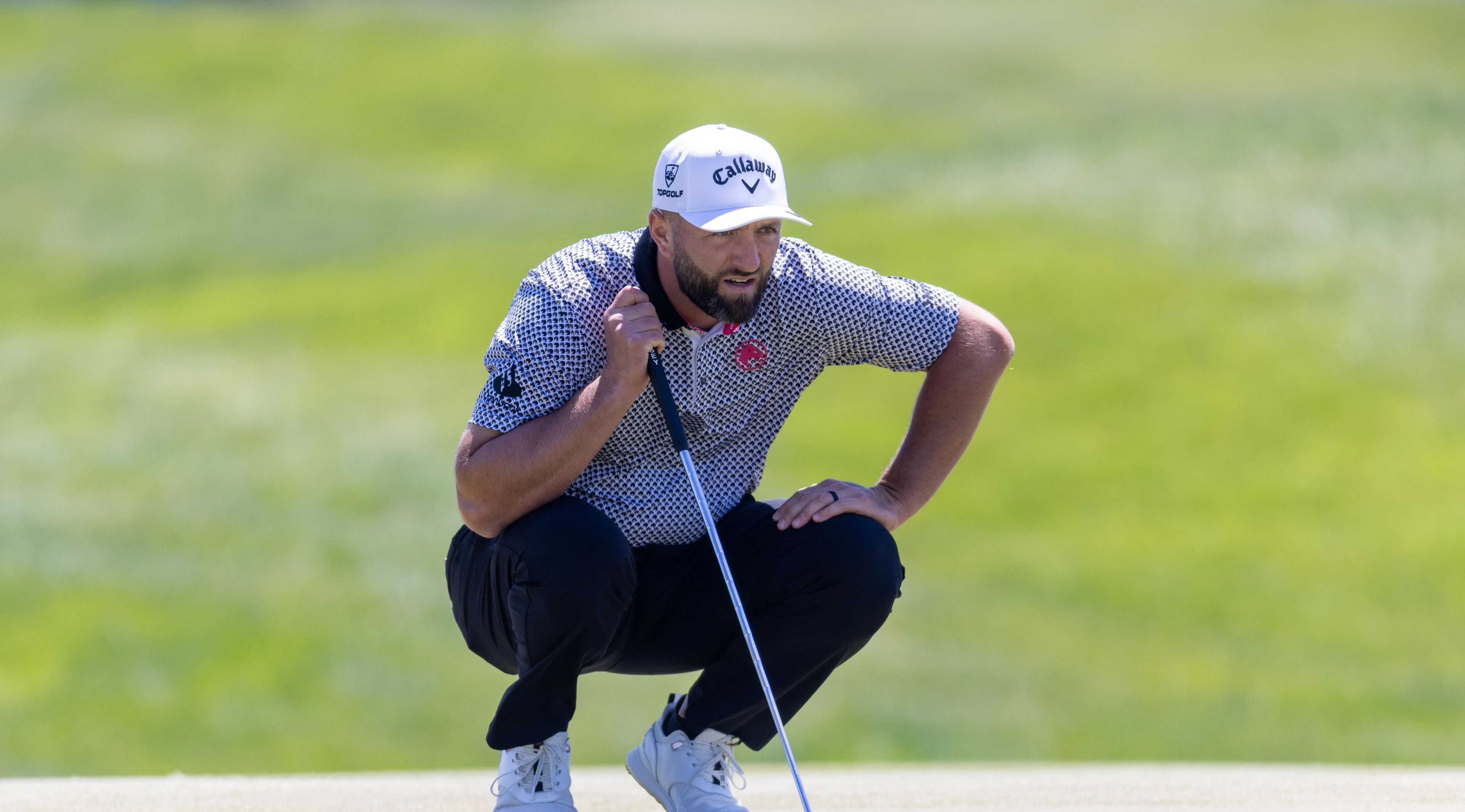 Jon Rahm lines up a putt at LIV Golf Virginia 2026. (Photo by LIV Golf)