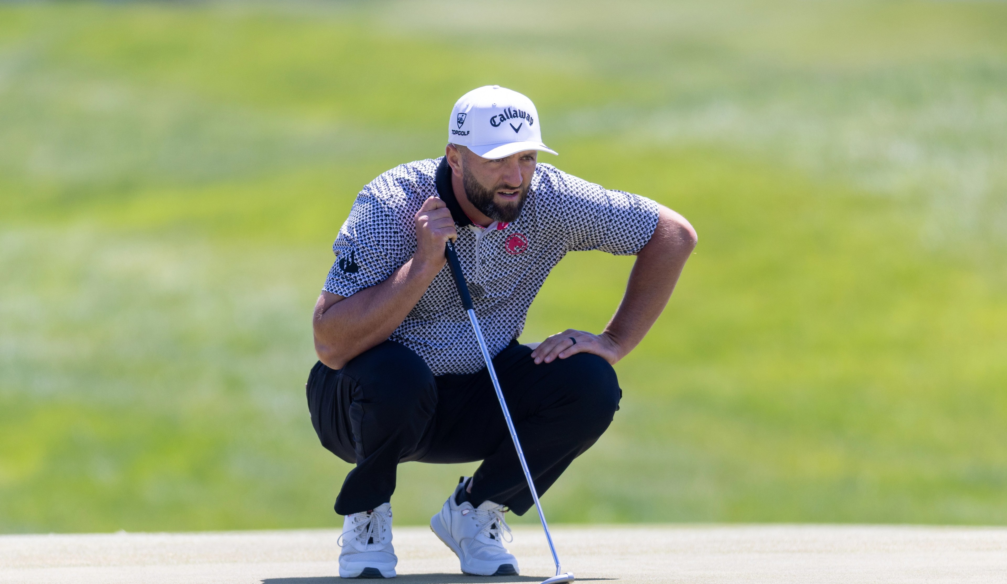 Jon Rahm lines up a putt at LIV Golf Virginia 2026. (Photo by LIV Golf)