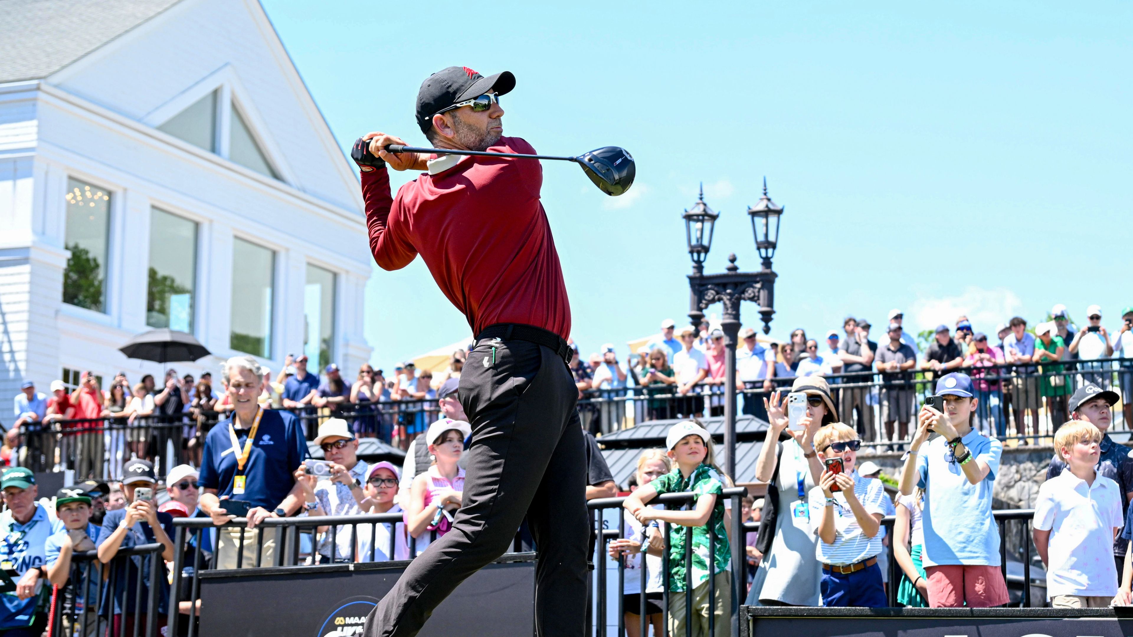 Sergio Garcia hits a tee shot at LIV Golf Virginia