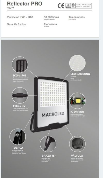 Vista 2 de reflector LED PRO FLSV2 400w/865 52000Lm  BK  MACROLED