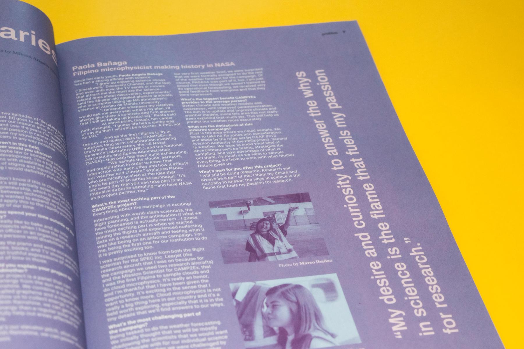 A close-up on a purple page with two duotone photos of women