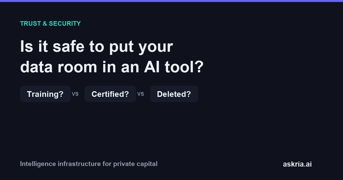 Three security questions to ask before uploading a confidential data room to an AI tool: training, certifications, and data retention.