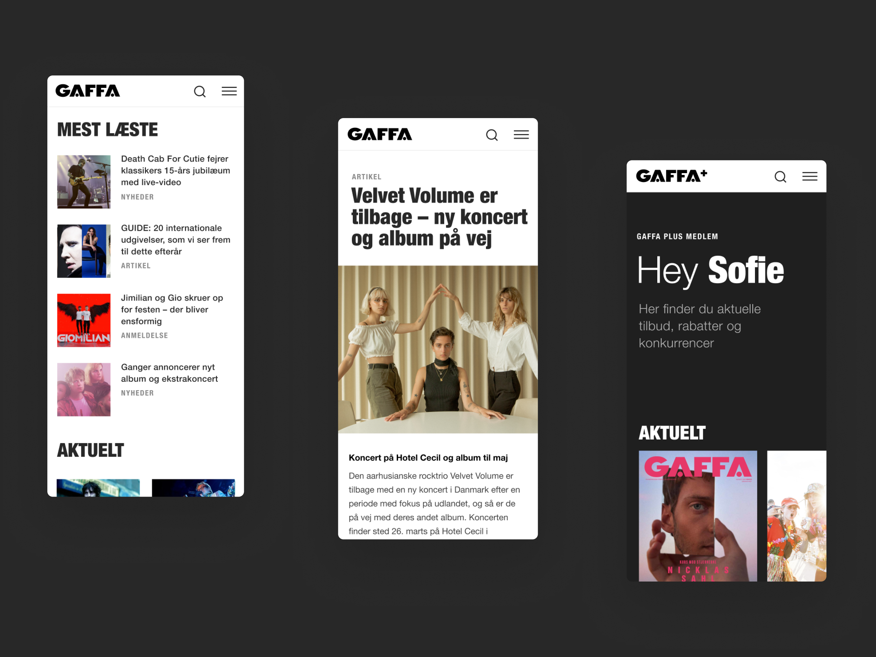 GAFFA product layouts with preview of mobile screens