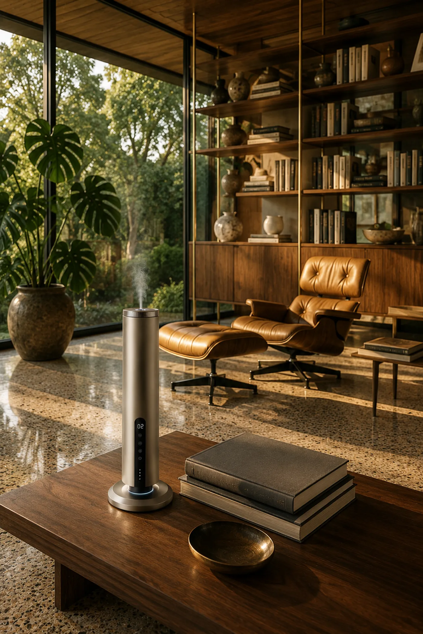 Golden mid-century reading retreat with ambient scenting