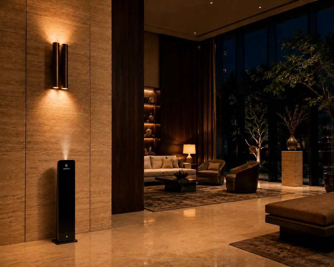 Standalone cold-air tower diffuser in a hotel lobby