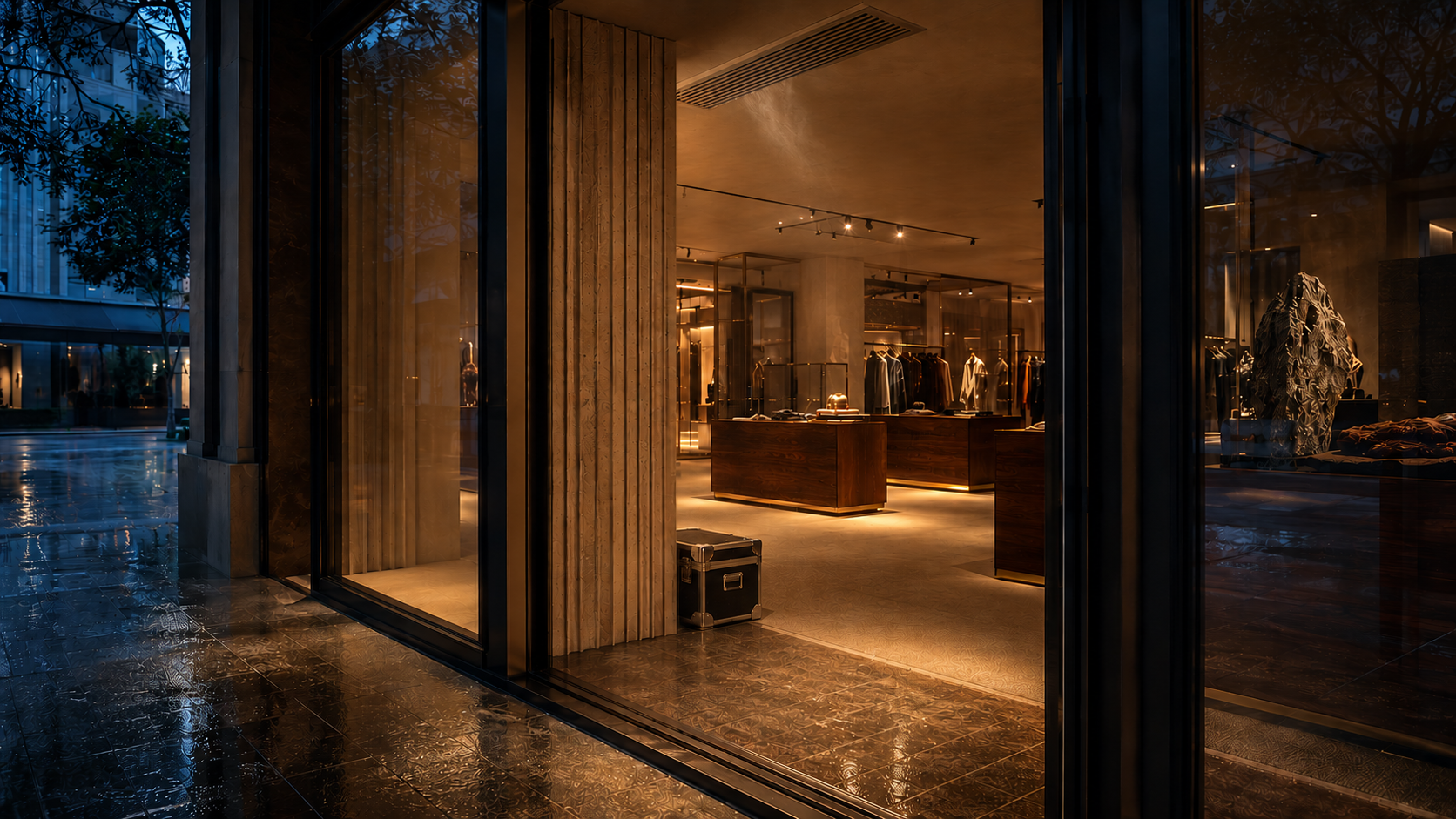 Retail storefront at dusk with warm interior lighting - Airosyn