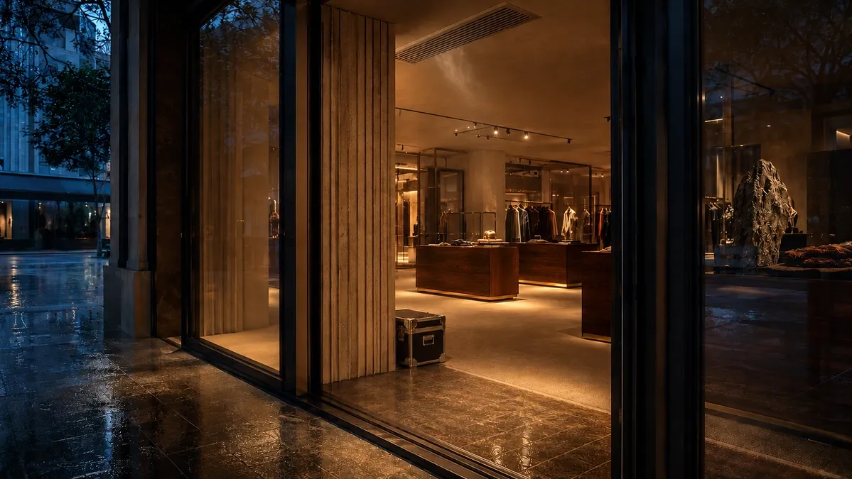 Retail storefront at dusk with warm interior lighting - Airosyn