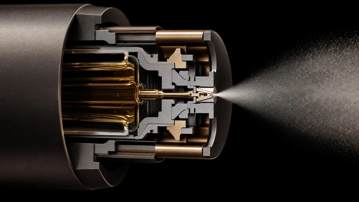 Cutaway of a cold-air diffuser nozzle atomising oil