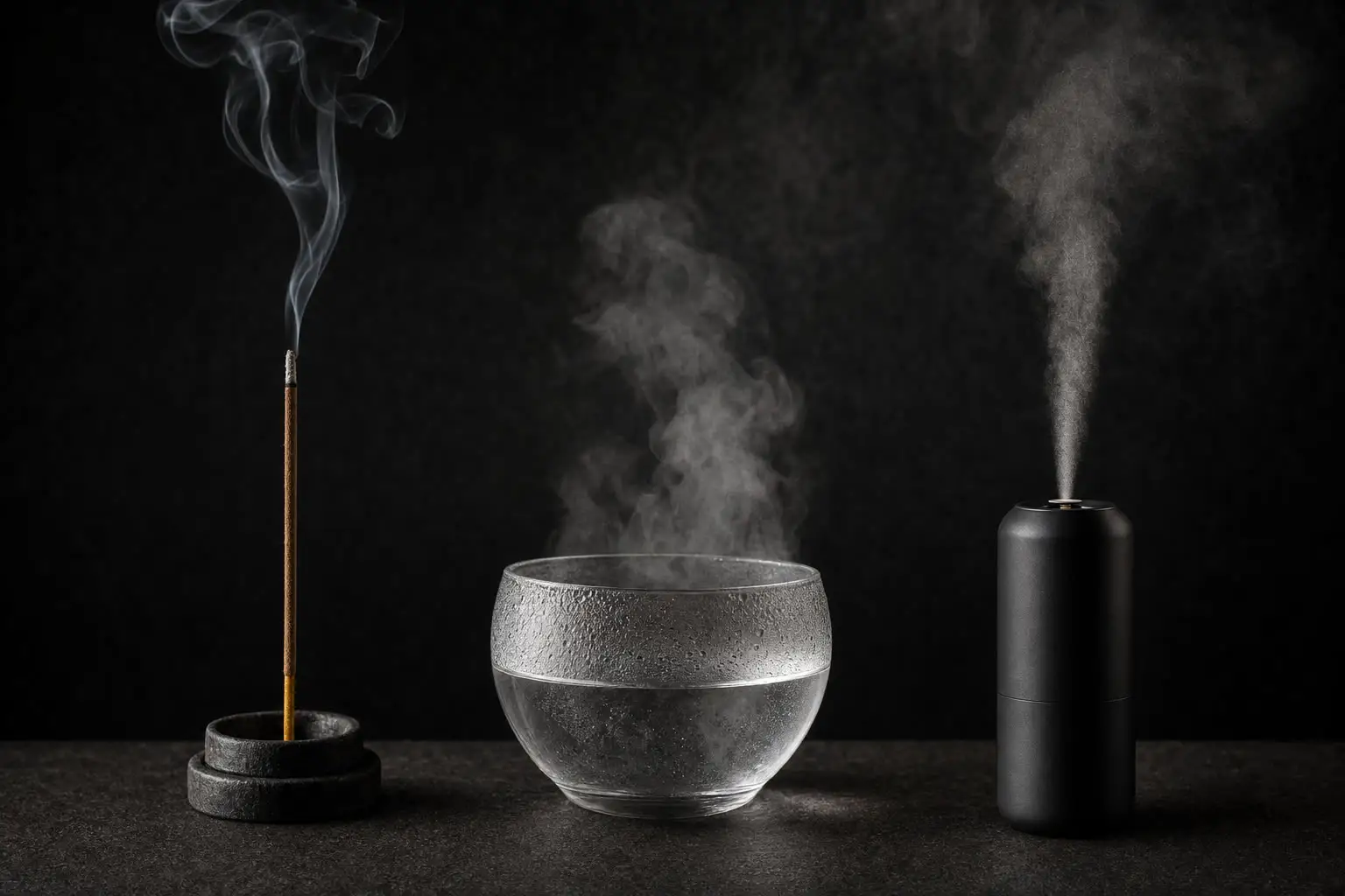 Incense, an ultrasonic humidifier and a cold-air diffuser side by side