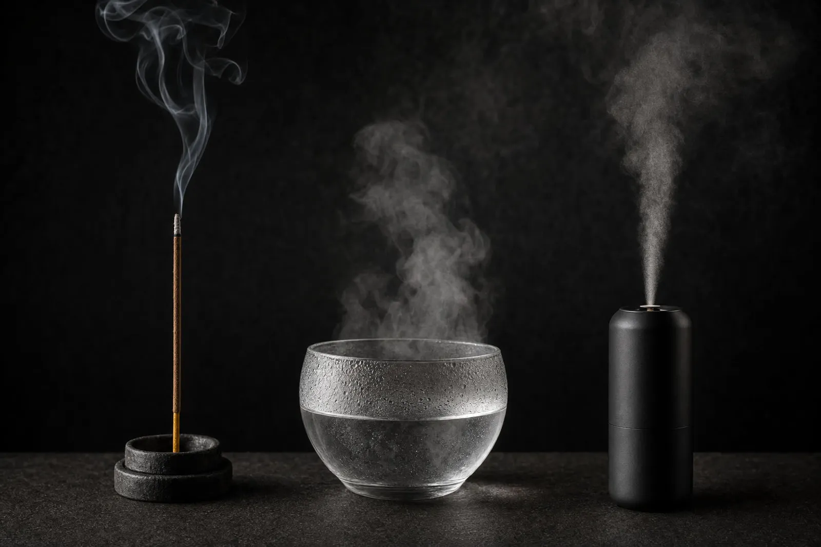 Incense, an ultrasonic humidifier and a cold-air diffuser side by side