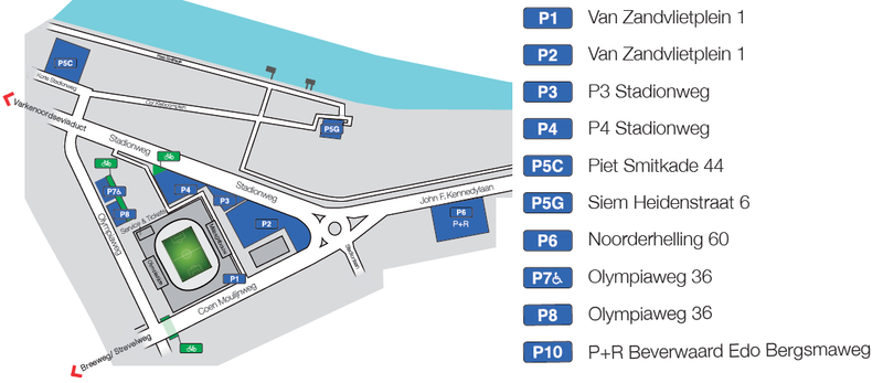 Overzicht parkeerplaatsen rondom De Kuip.