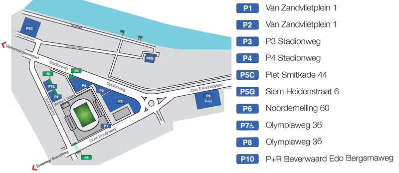Overzicht van verschillende parkeerplaatsen rondom De Kuip.