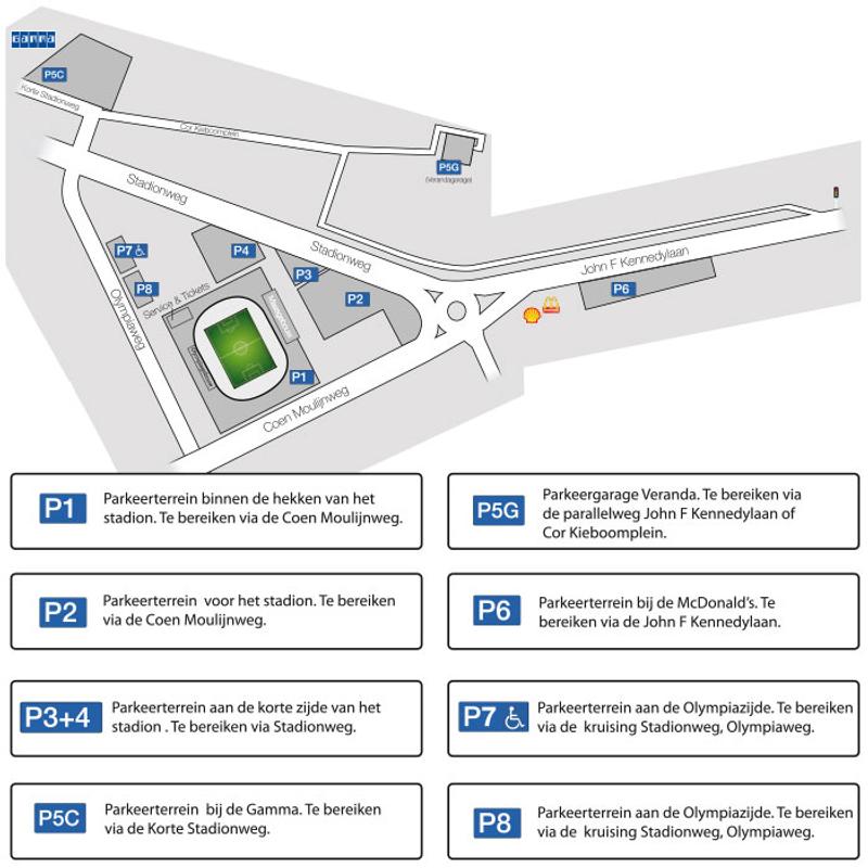 Overzicht van verschillende parkeerplaatsen rondom De Kuip.