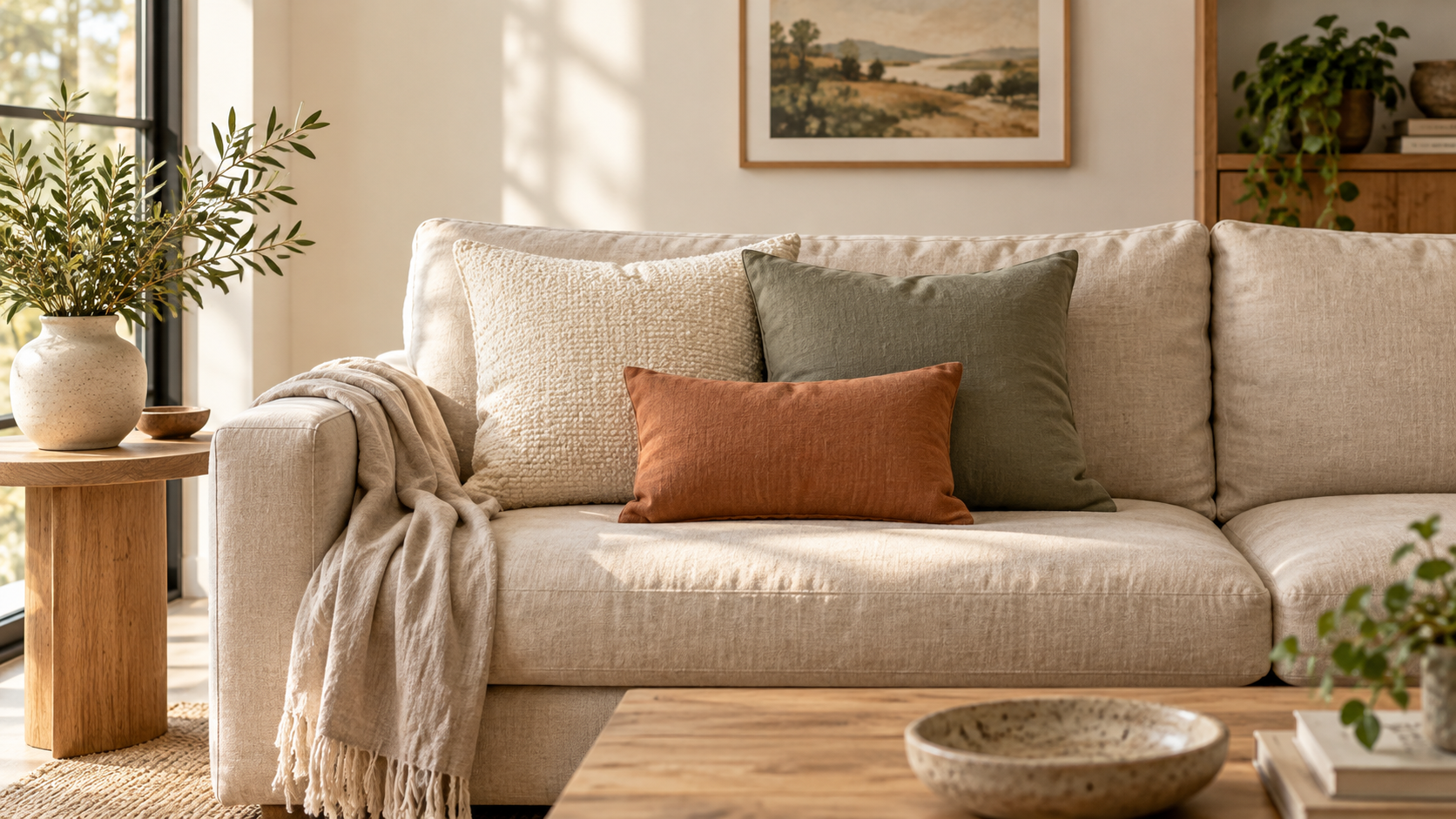 Three cream, sage and terracotta throw pillows arranged on an oat linen sofa