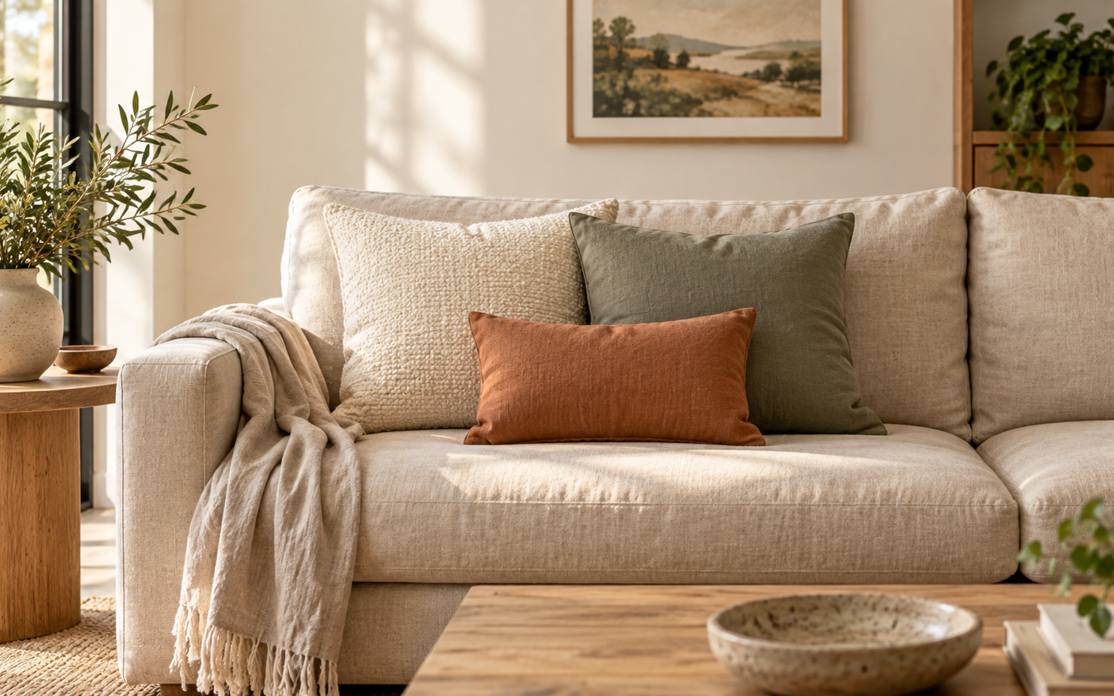 Three cream, sage and terracotta throw pillows arranged on an oat linen sofa