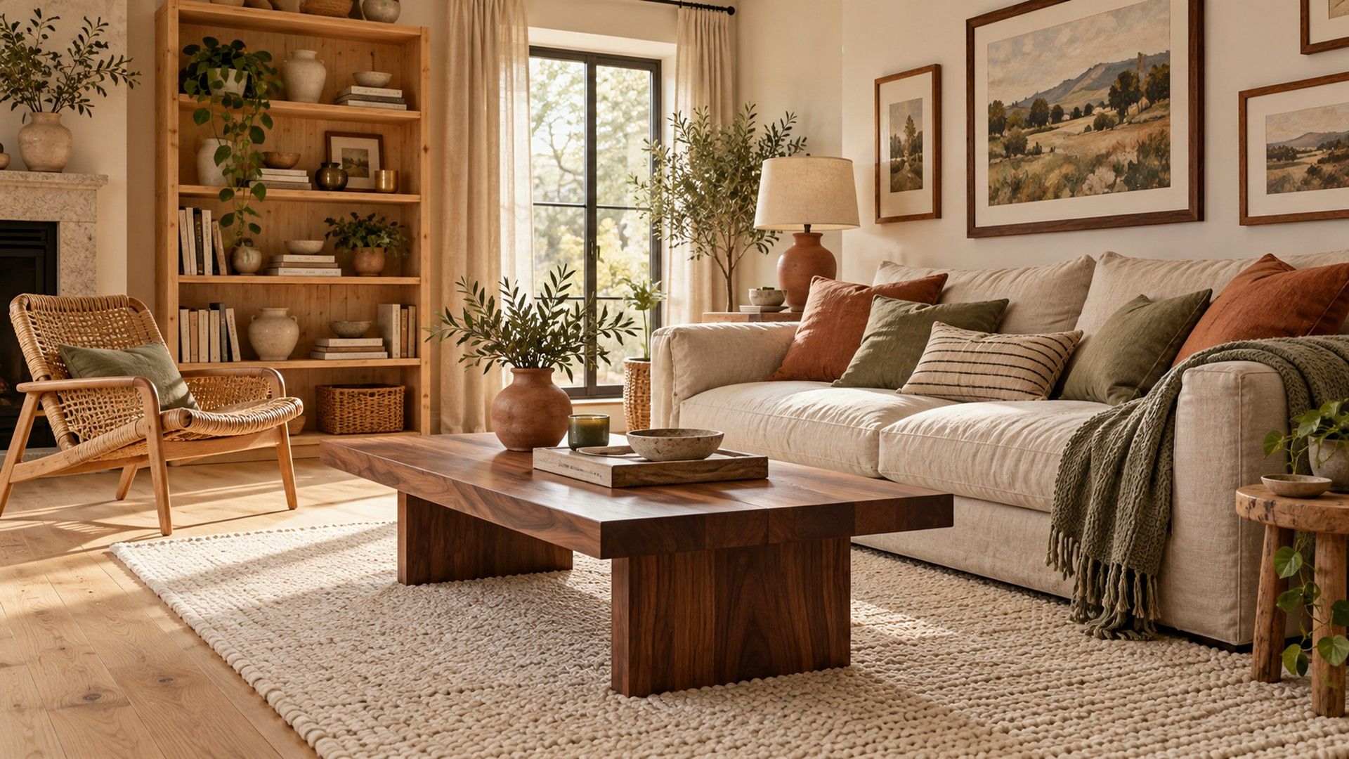 Living room mixing light oak floors, a walnut coffee table, a rattan chair and wood frames