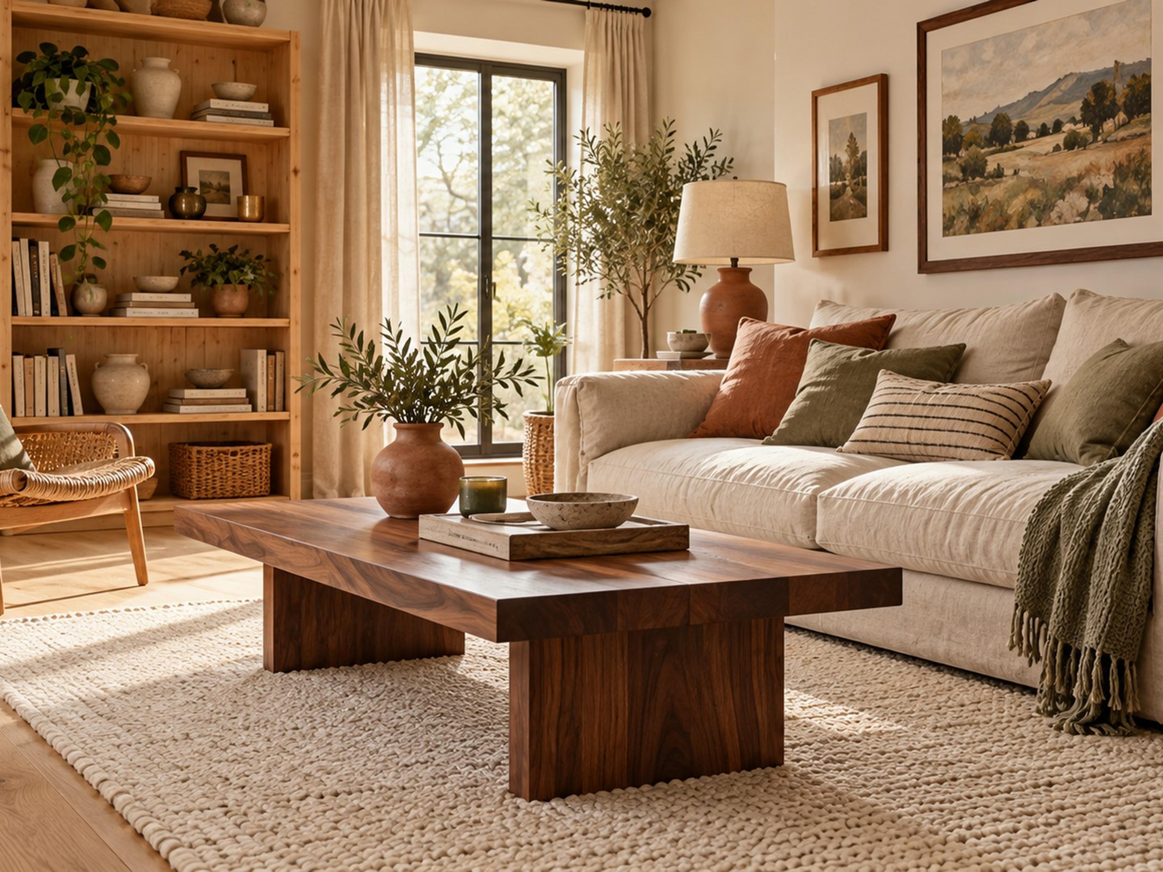 Living room mixing light oak floors, a walnut coffee table, a rattan chair and wood frames