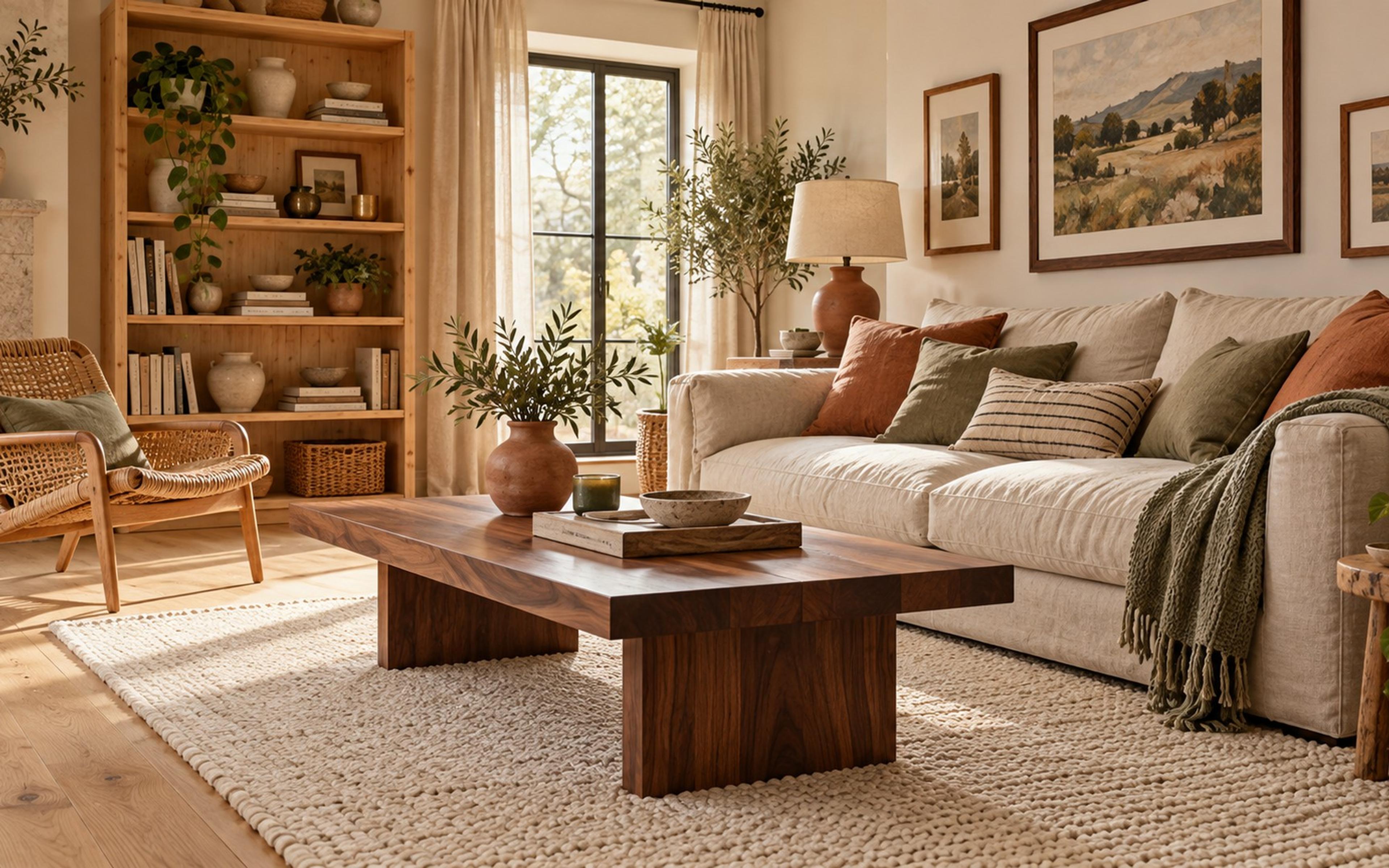 Living room mixing light oak floors, a walnut coffee table, a rattan chair and wood frames