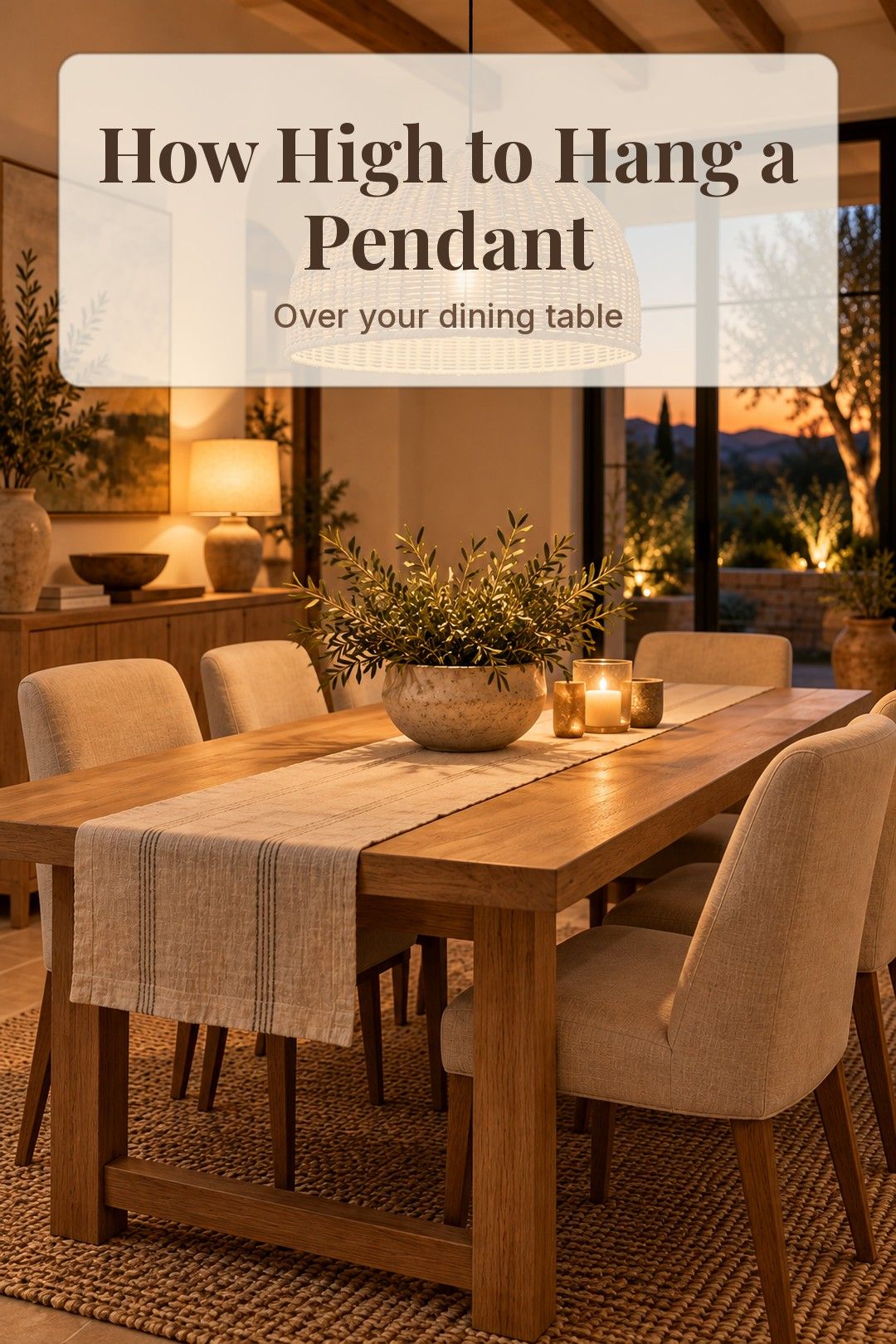 Pendant glowing over an oak dining table