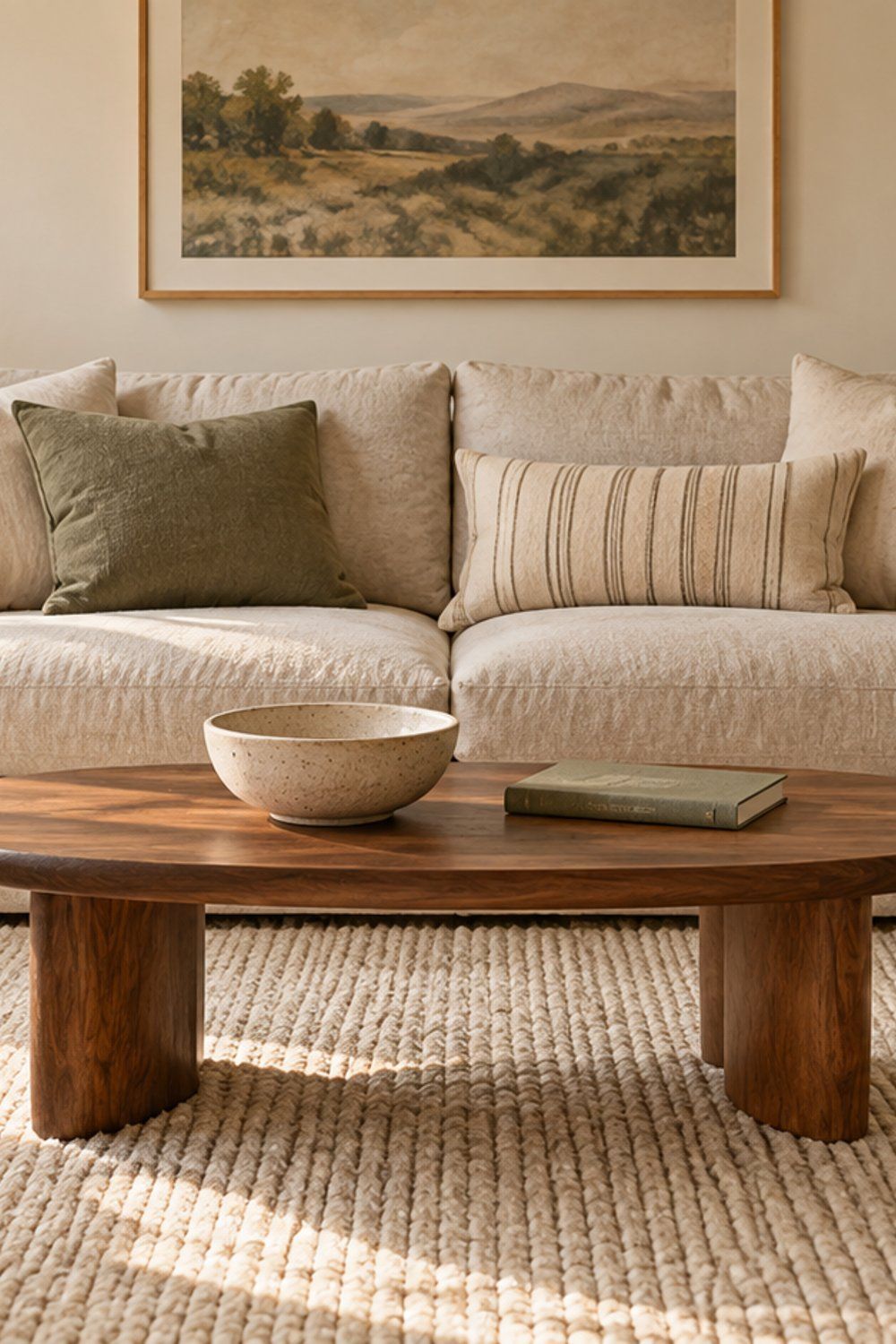 Low oval walnut coffee table on a cream rug in front of an oat sofa