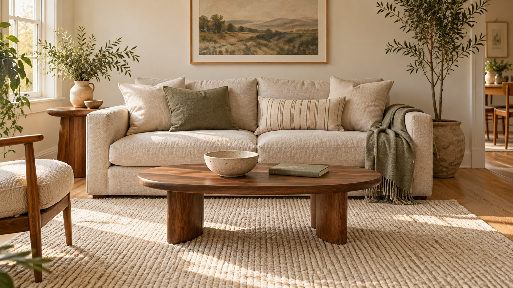 Low oval walnut coffee table on a cream rug in front of an oat sofa