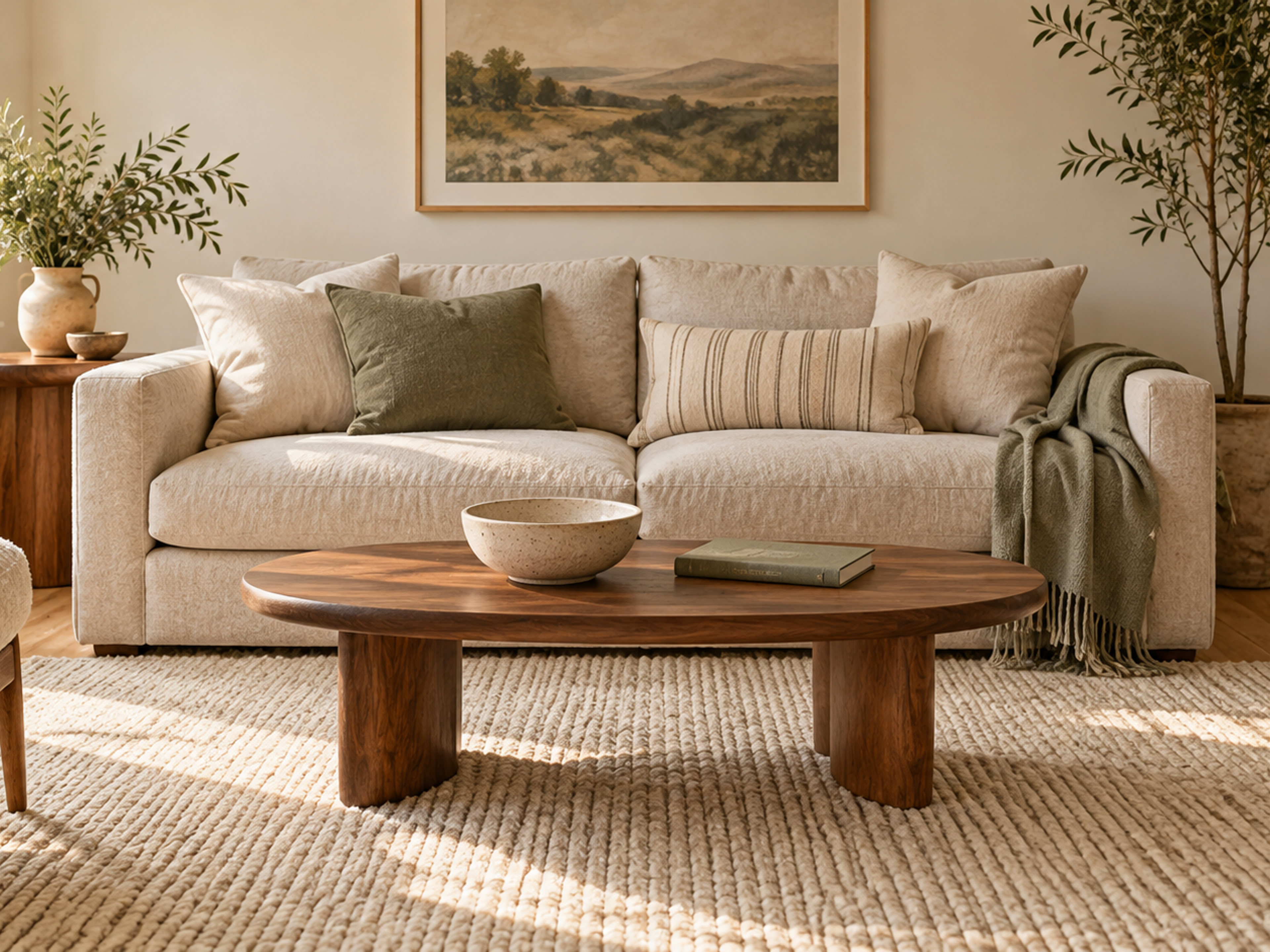 Low oval walnut coffee table on a cream rug in front of an oat sofa