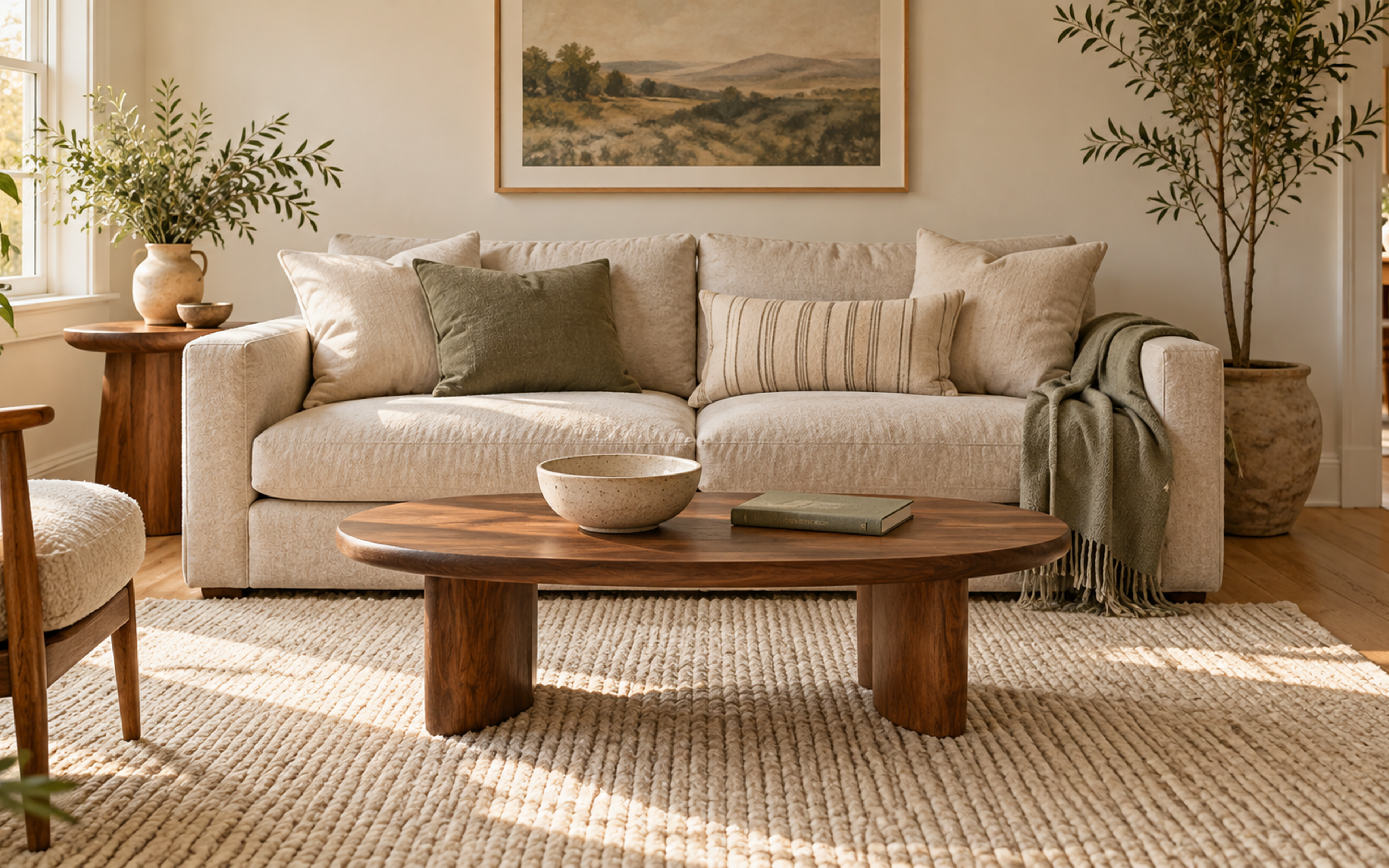 Low oval walnut coffee table on a cream rug in front of an oat sofa