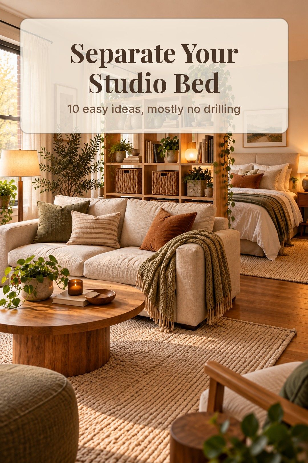 Studio with an open bookcase dividing bed and living area