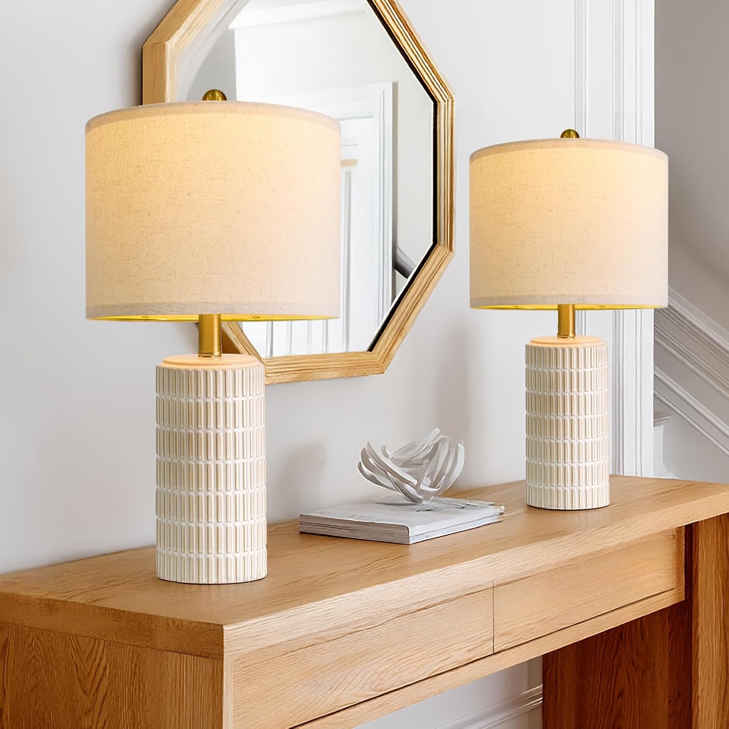 PoKat Ceramic Farmhouse Table Lamp with fabric drum shade