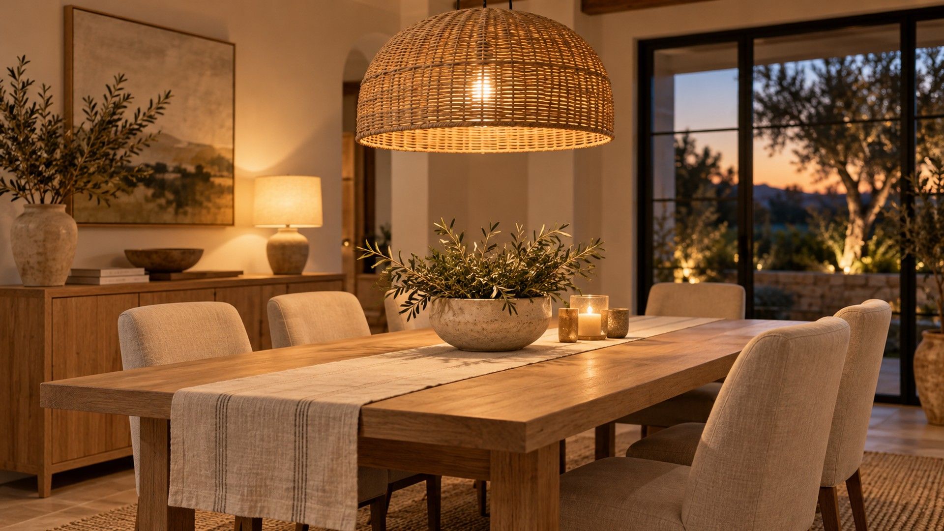 Woven pendant glowing low over an oak dining table with a linen runner