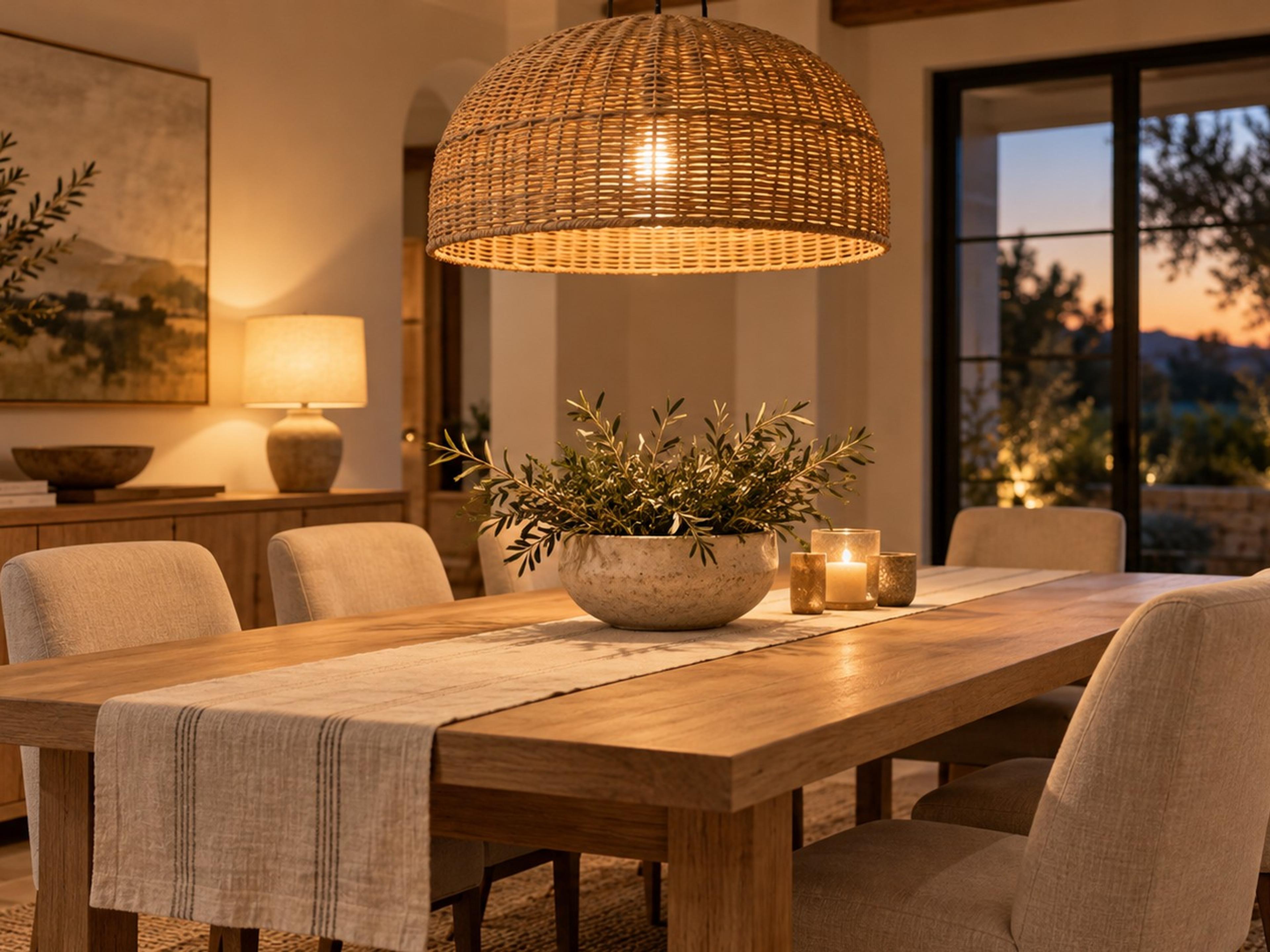 Woven pendant glowing low over an oak dining table with a linen runner