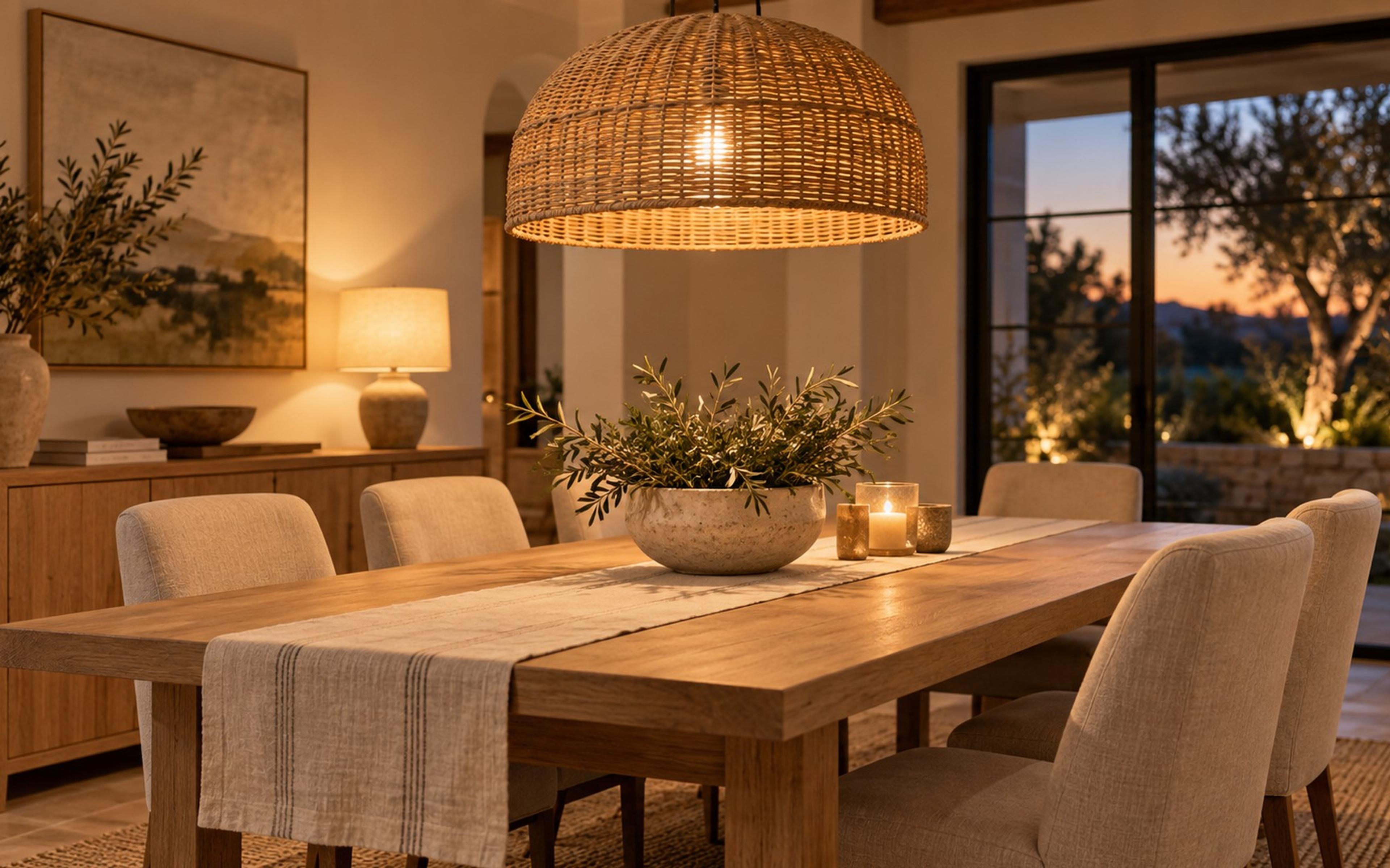 Woven pendant glowing low over an oak dining table with a linen runner