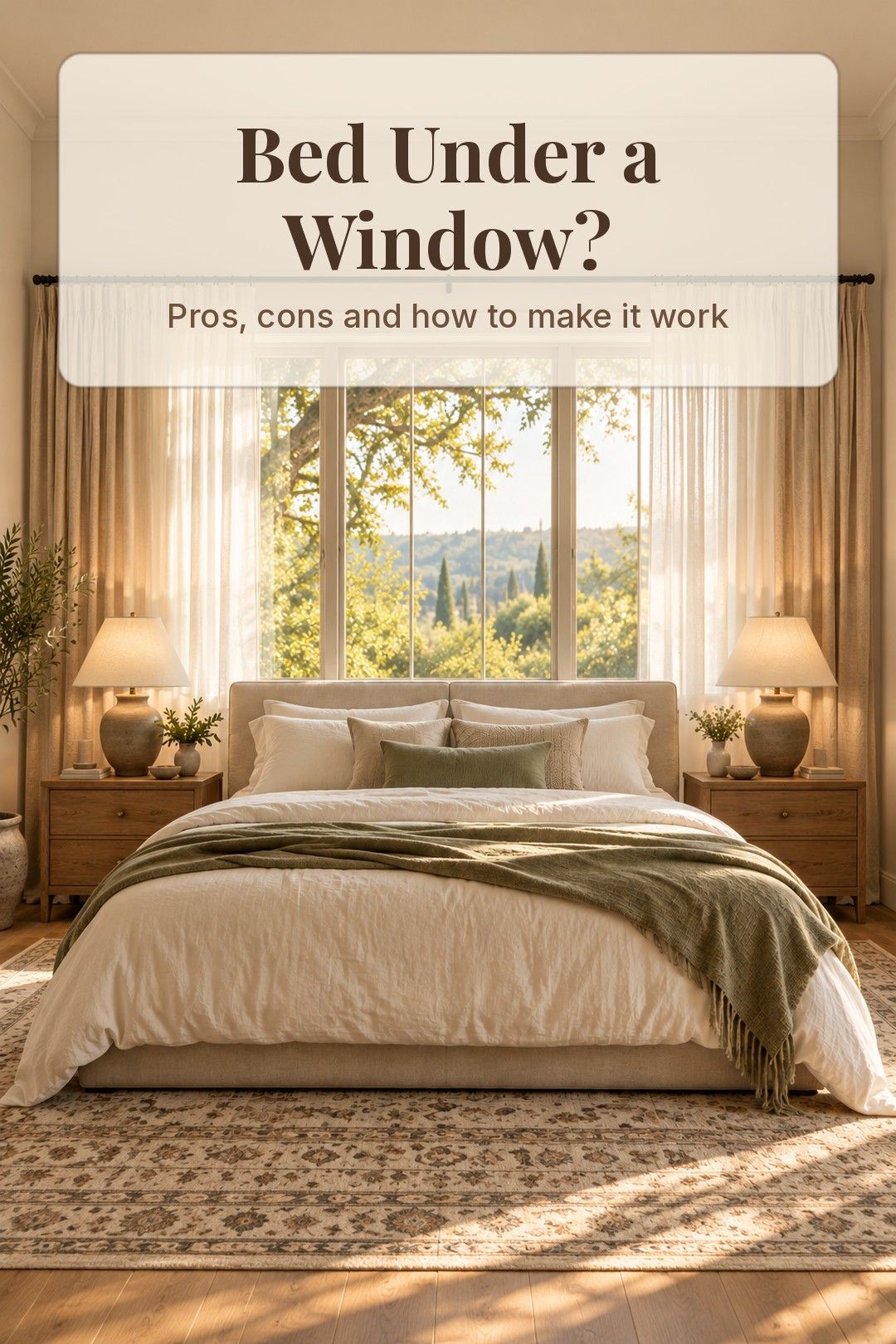 Queen bed centered under a bright bedroom window