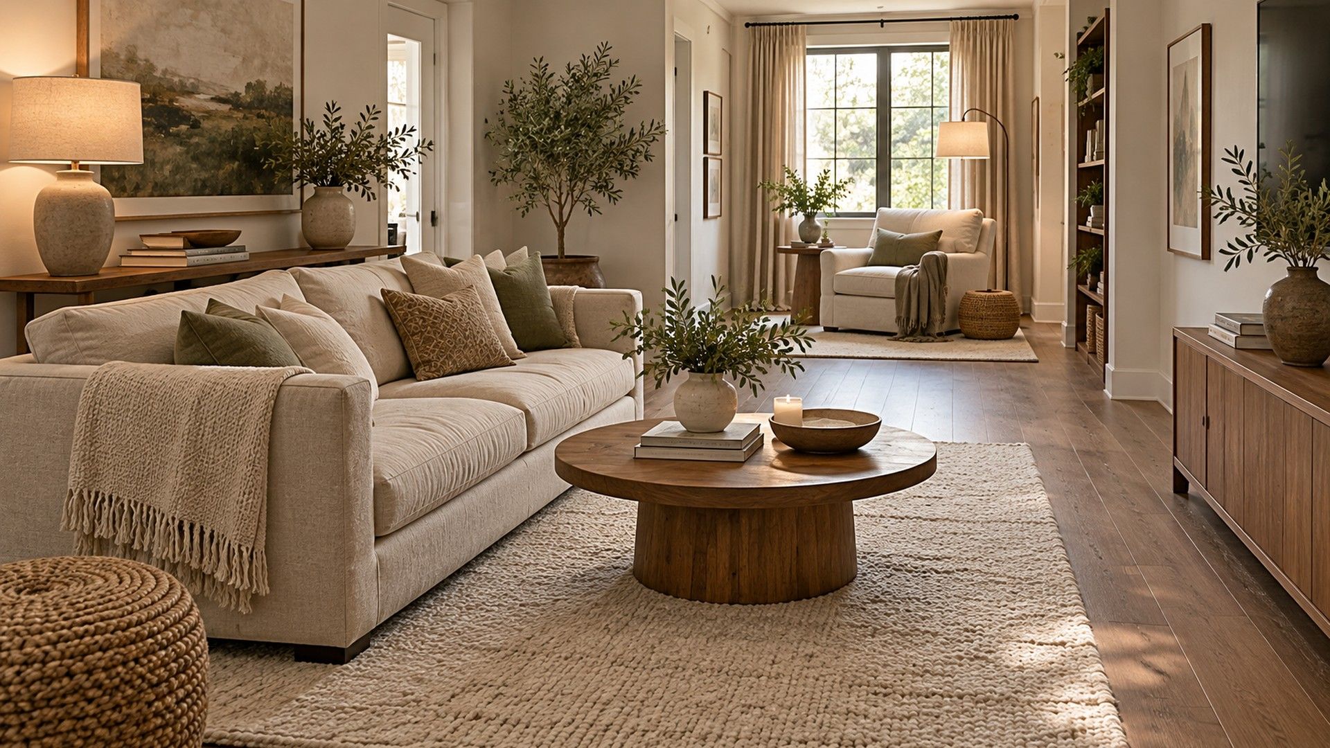 Long narrow living room divided into a seating area and a reading nook with a clear walkway