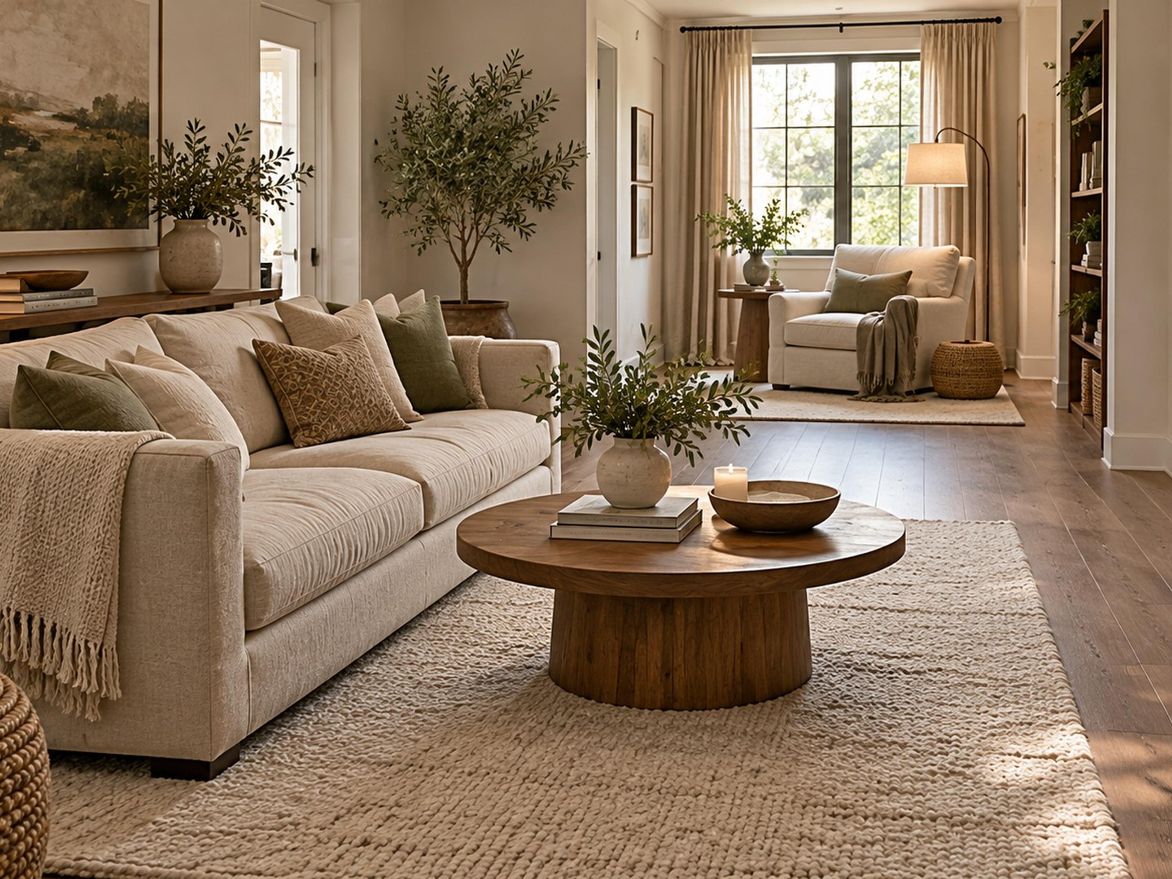 Long narrow living room divided into a seating area and a reading nook with a clear walkway