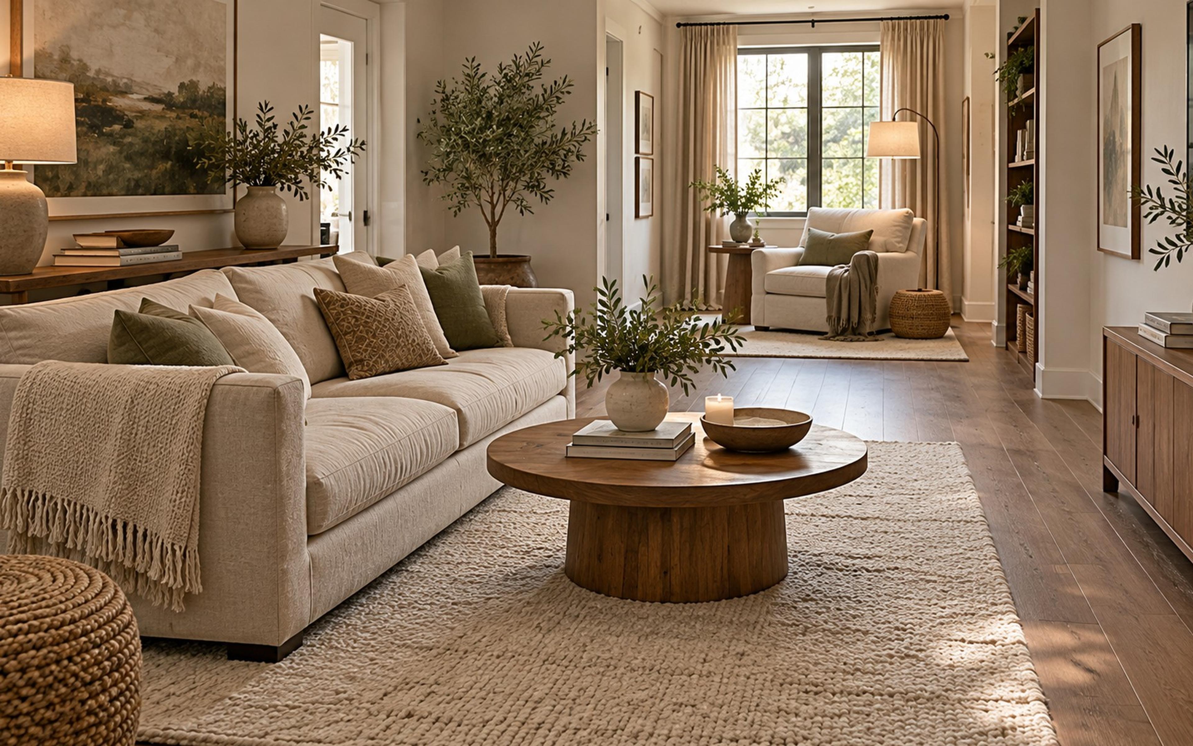 Long narrow living room divided into a seating area and a reading nook with a clear walkway