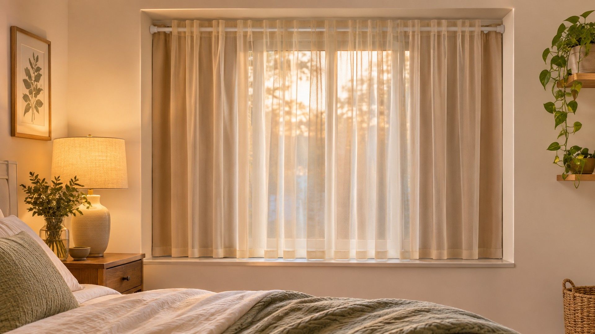 Oat blackout curtains on a tension rod inside a recessed bedroom window with an ivory sheer