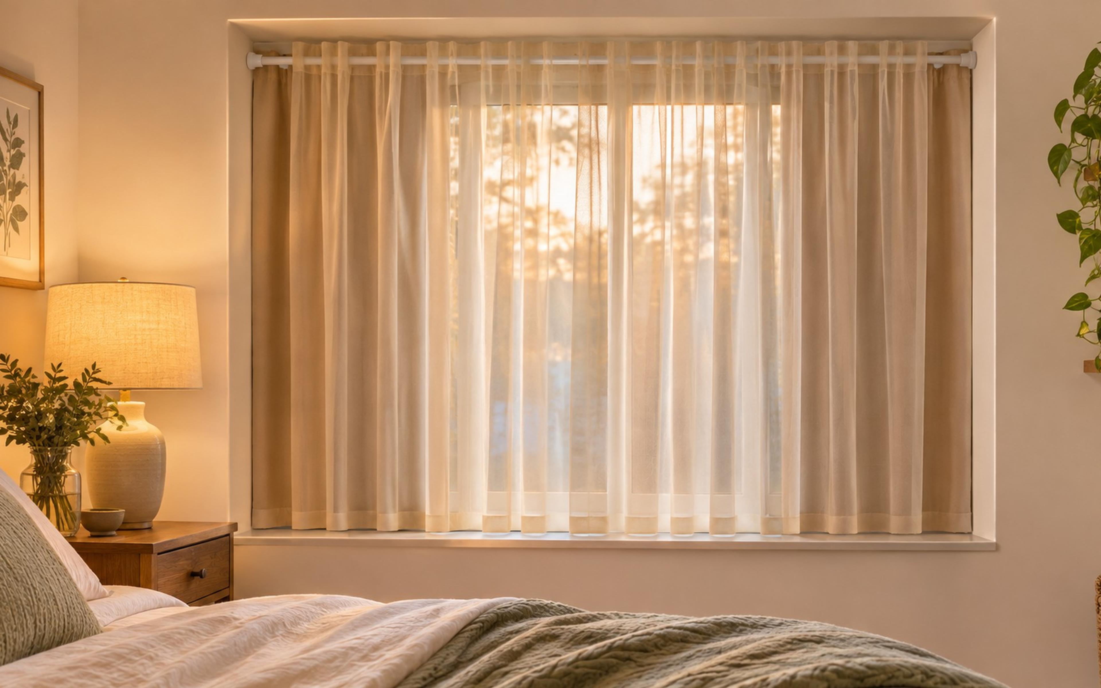Oat blackout curtains on a tension rod inside a recessed bedroom window with an ivory sheer