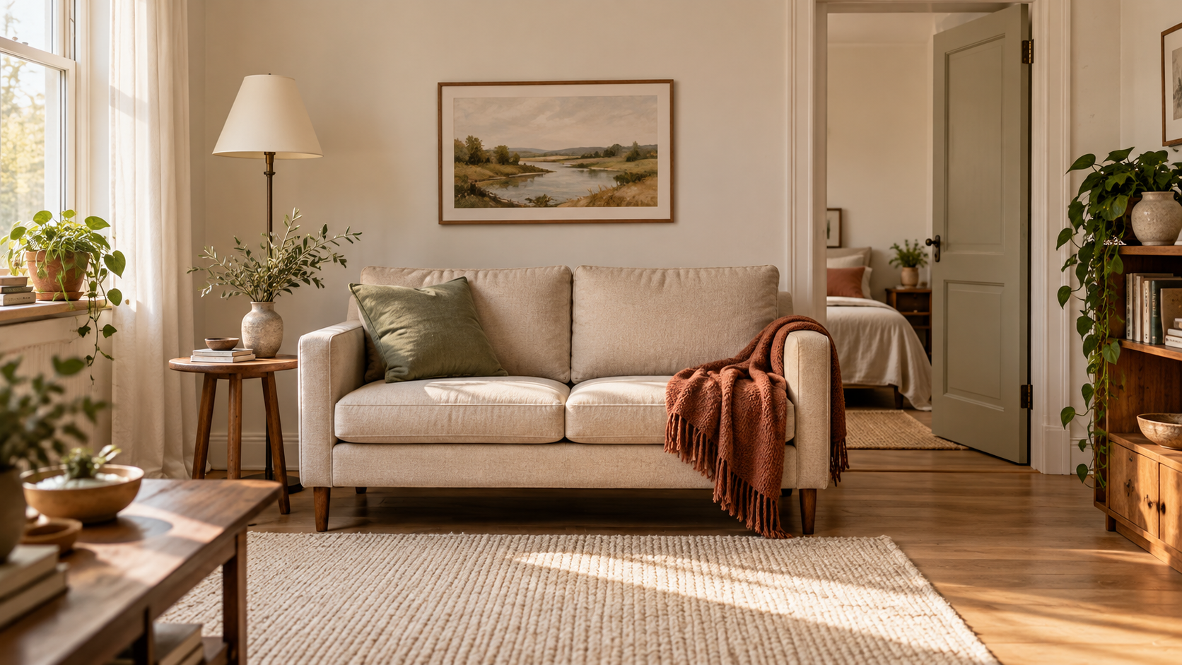 Compact oat sofa with slim arms, visible wood legs and a clear route to an open doorway