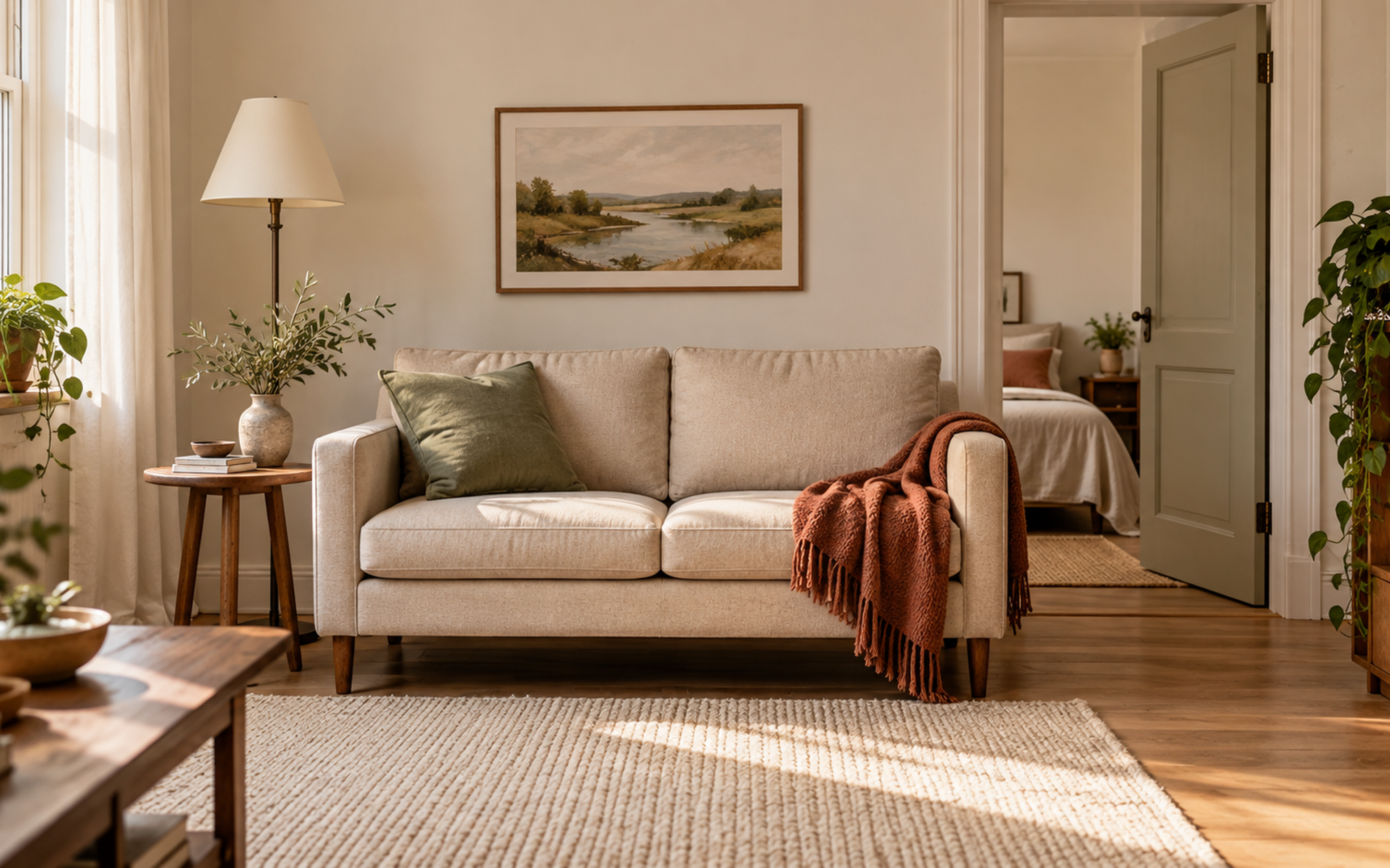 Compact oat sofa with slim arms, visible wood legs and a clear route to an open doorway