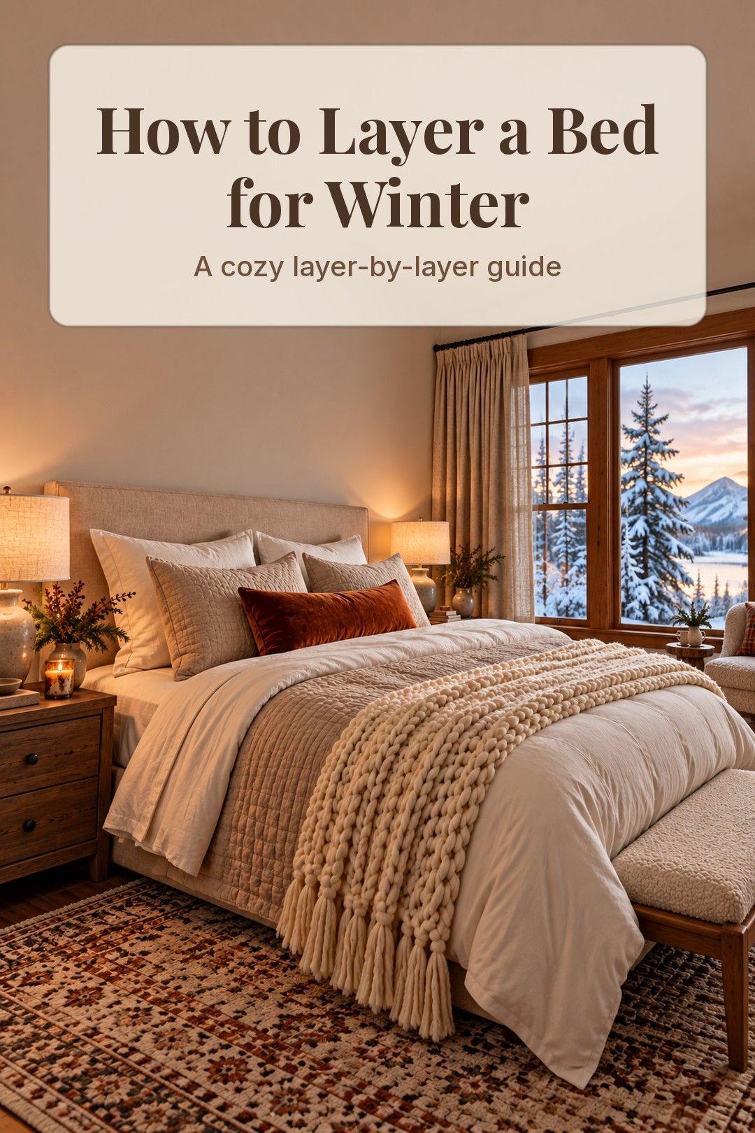Layered winter bed with a chunky knit throw