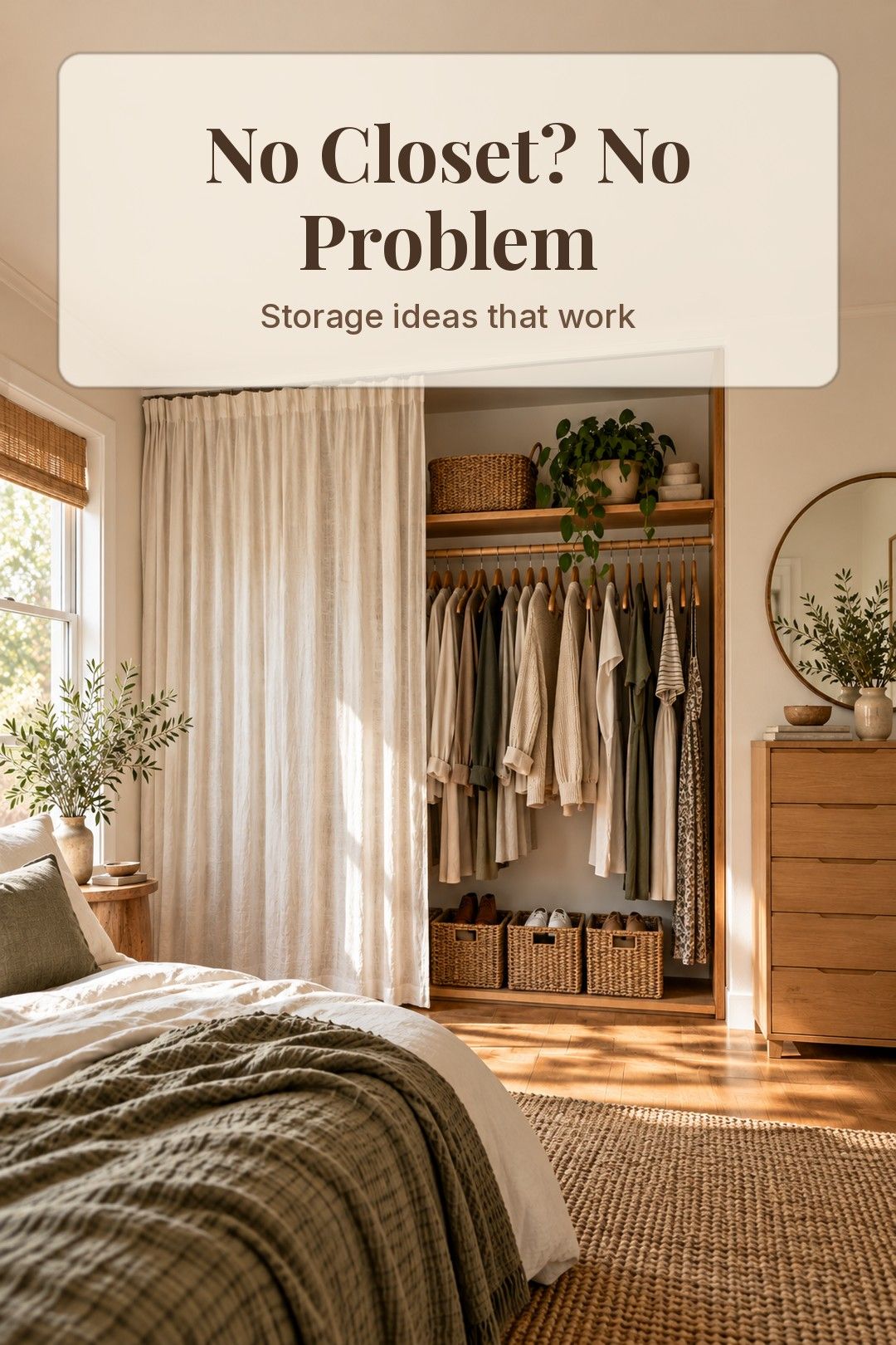 Clothing rack and baskets in a bedroom with no closet