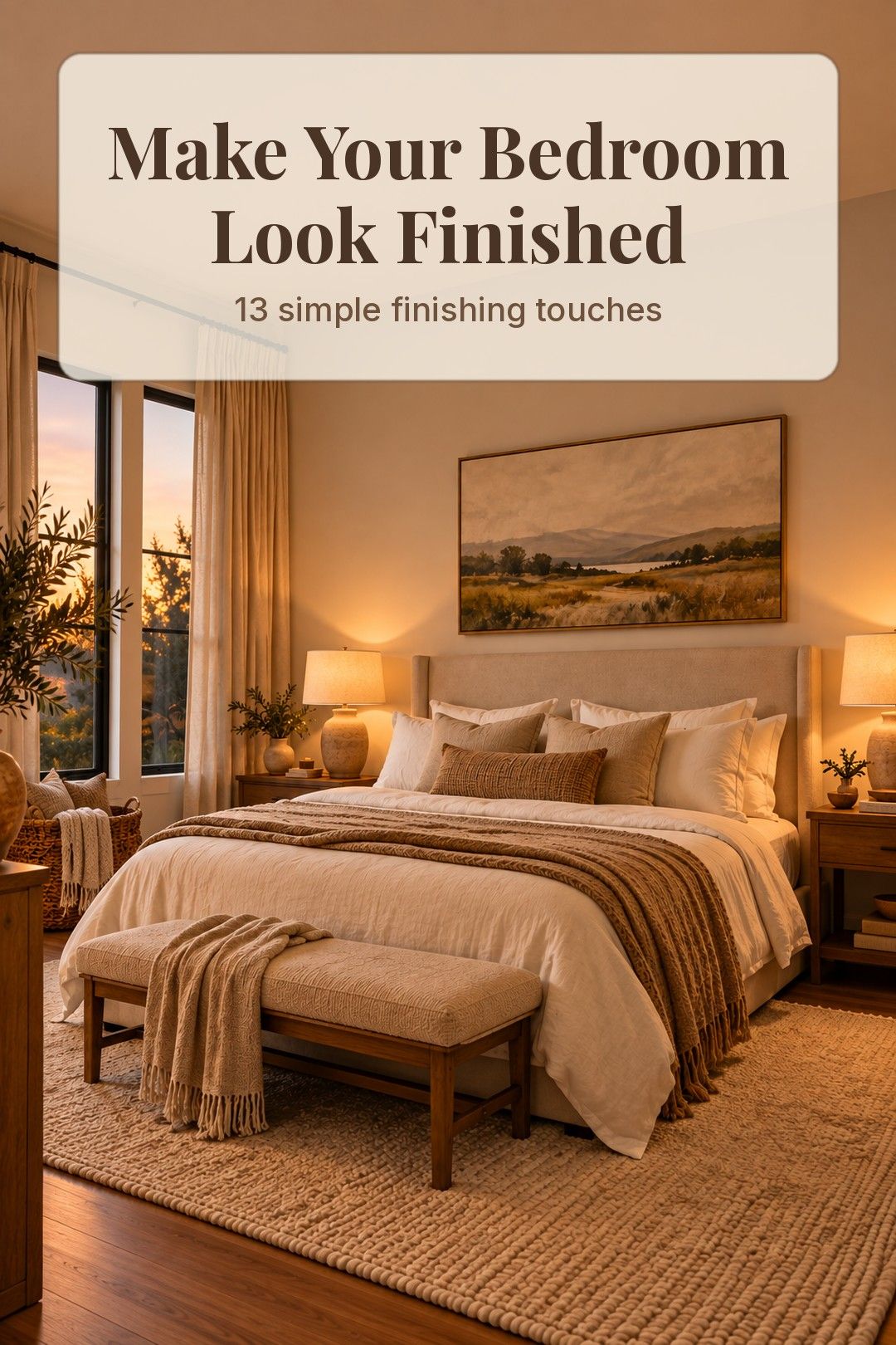 Finished cozy bedroom with layered bedding and warm lamps
