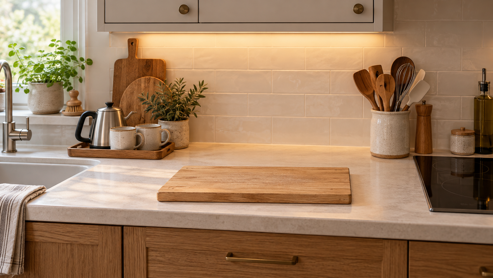 Clear kitchen prep counter with a cutting board, a kettle tray and a ceramic utensil crock