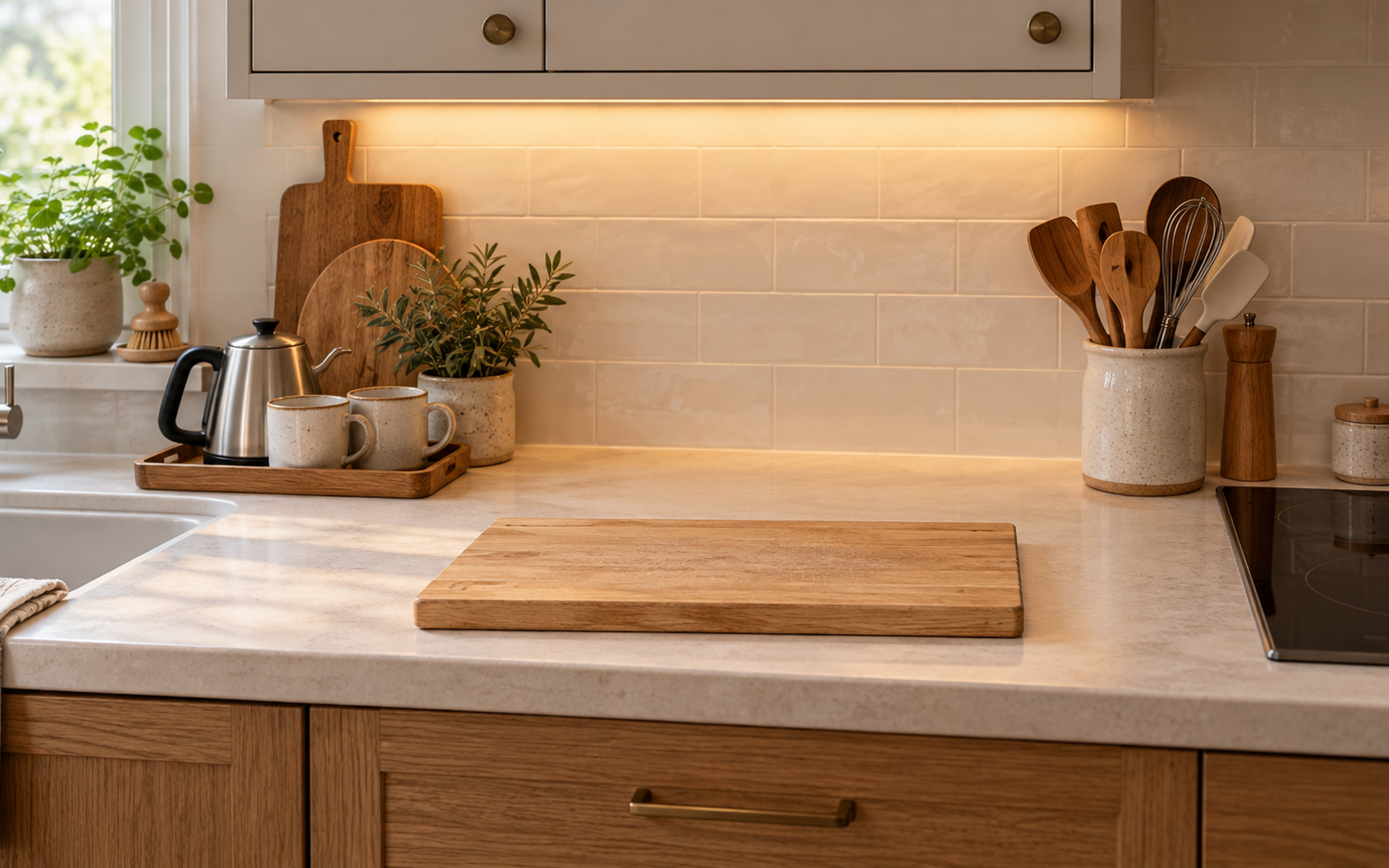 Clear kitchen prep counter with a cutting board, a kettle tray and a ceramic utensil crock