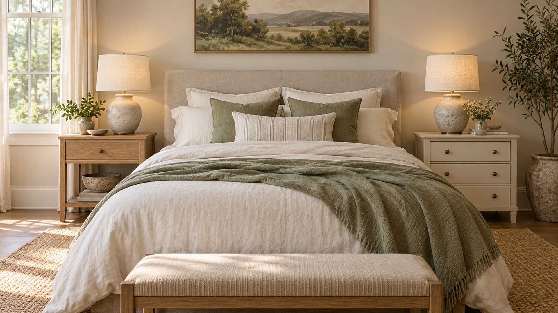Queen bed with two different nightstands at mattress height and matching ceramic lamps